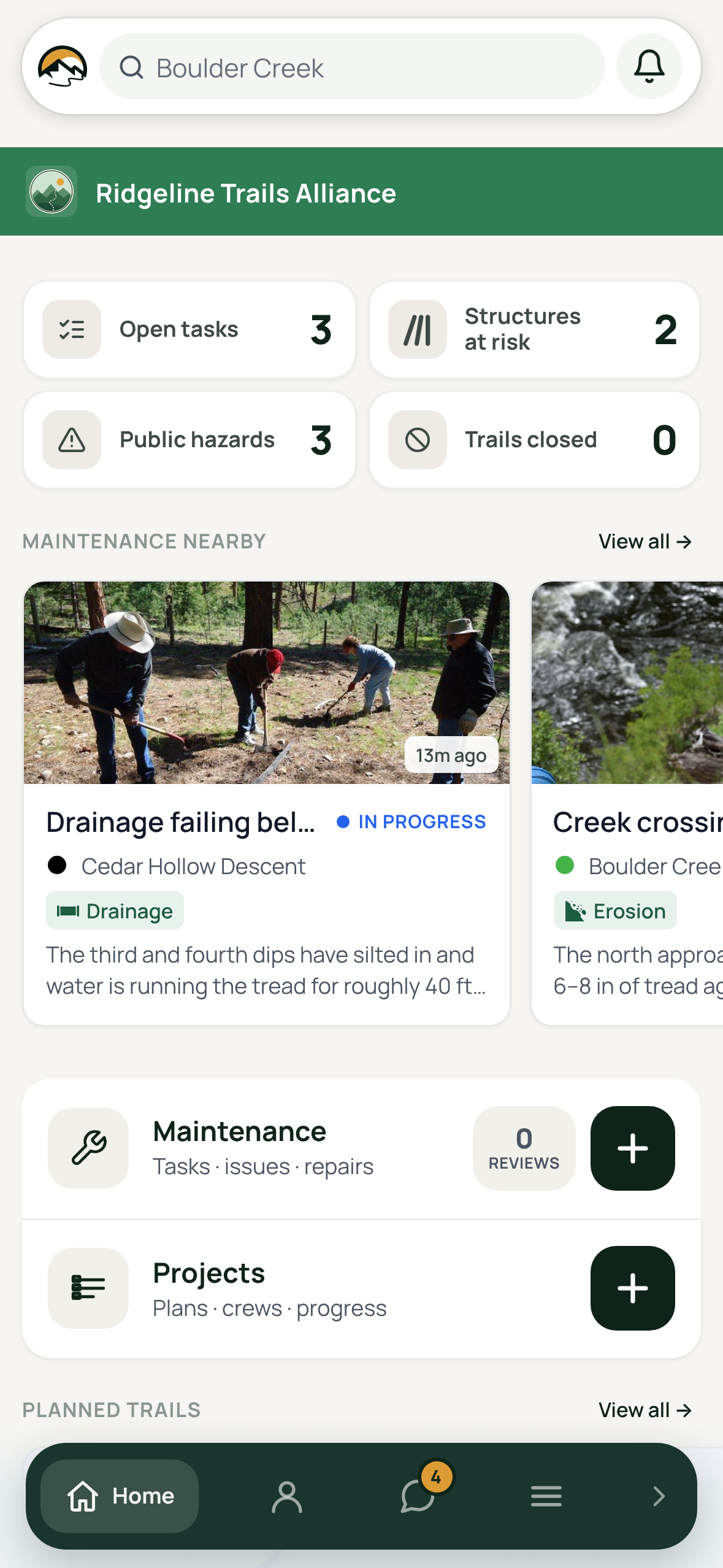 The field app home screen with four status tiles: open tasks, trails closed, structures at risk and public hazards