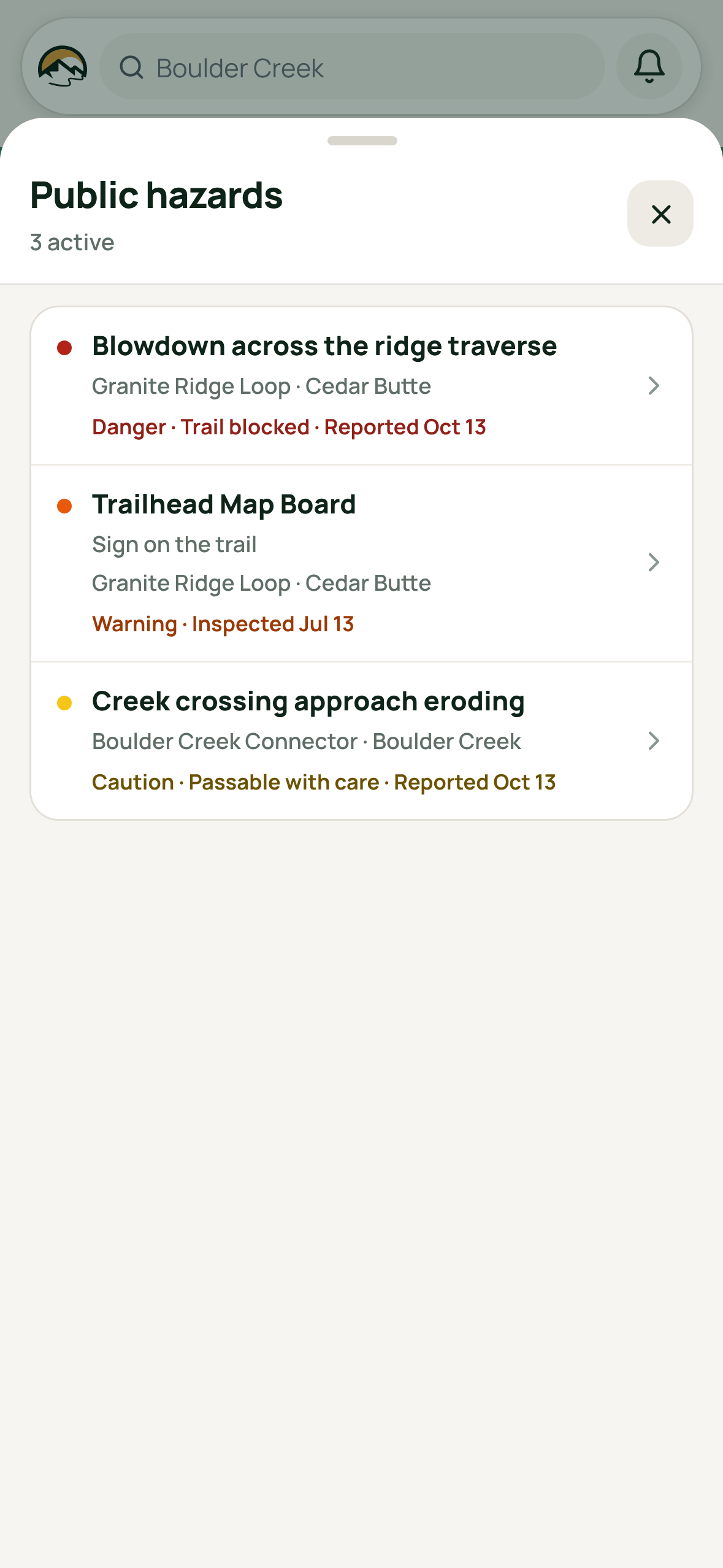 The Public hazards list in the field app, most severe first