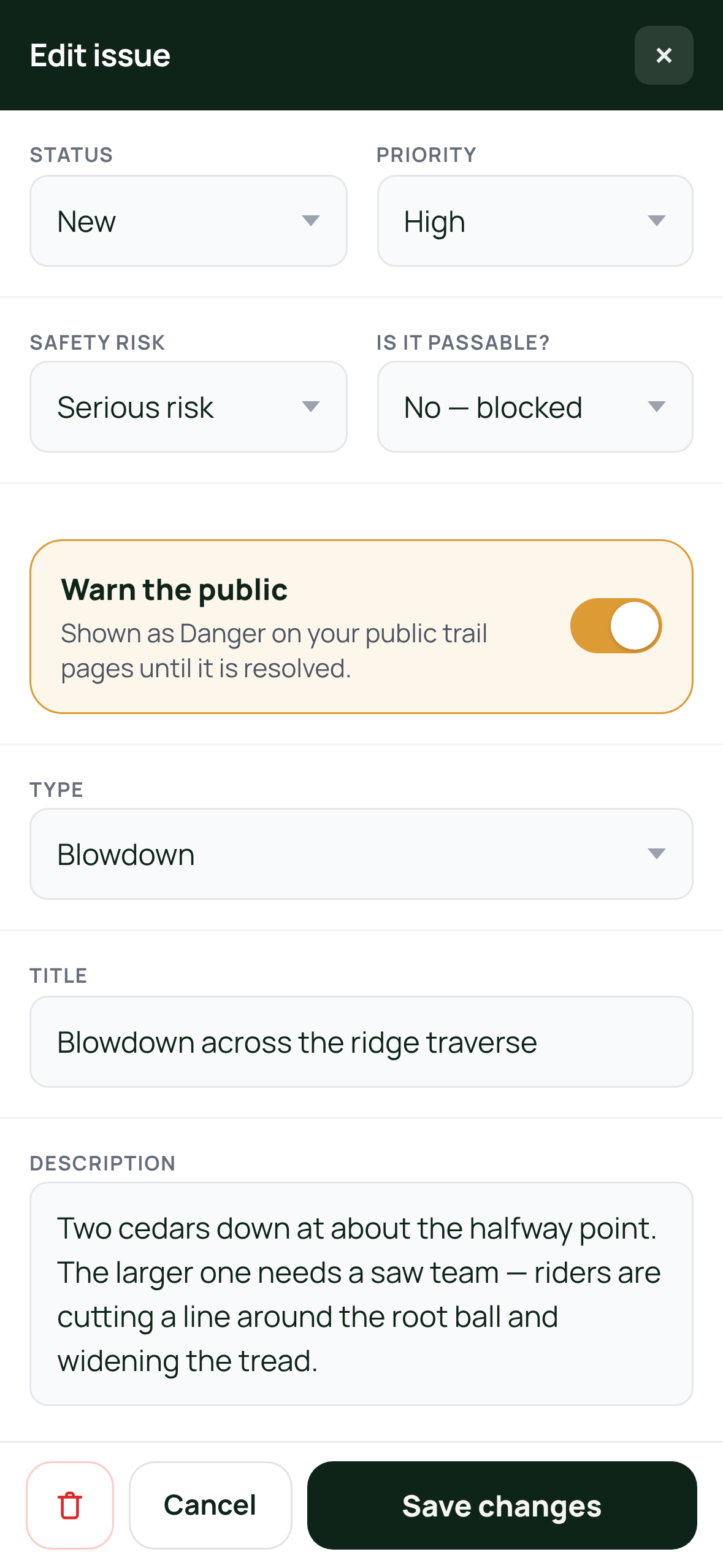 A task's edit sheet in the field app with Warn the public switched on