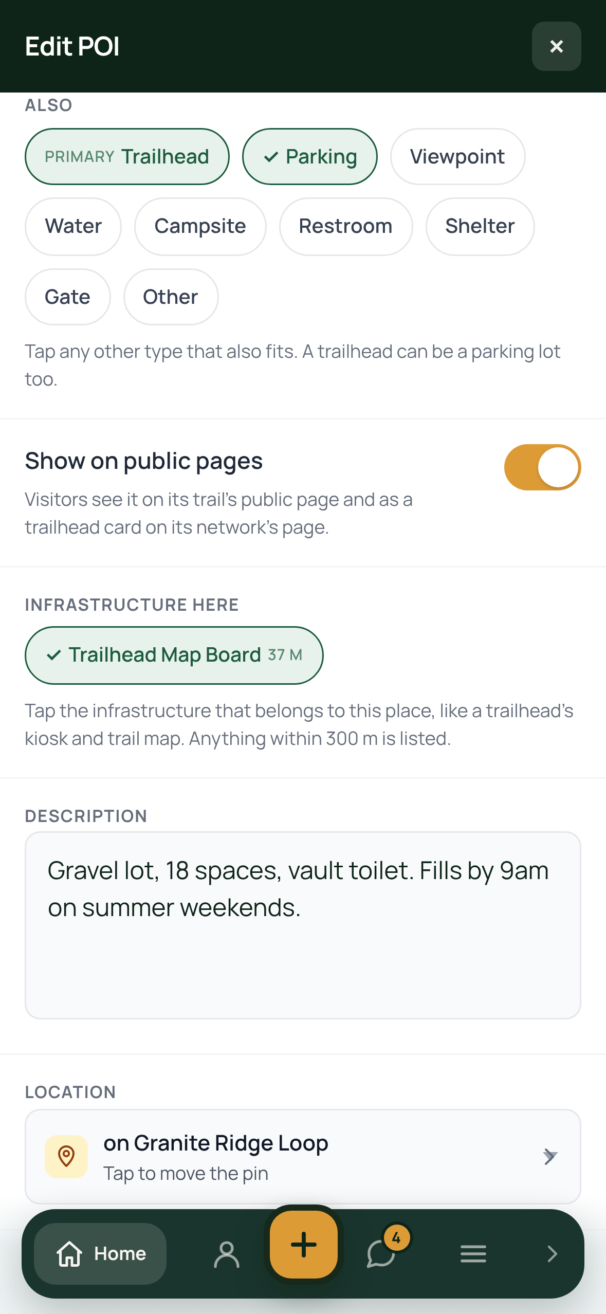A point of interest's edit sheet with its Also types, the infrastructure here and Show on public pages