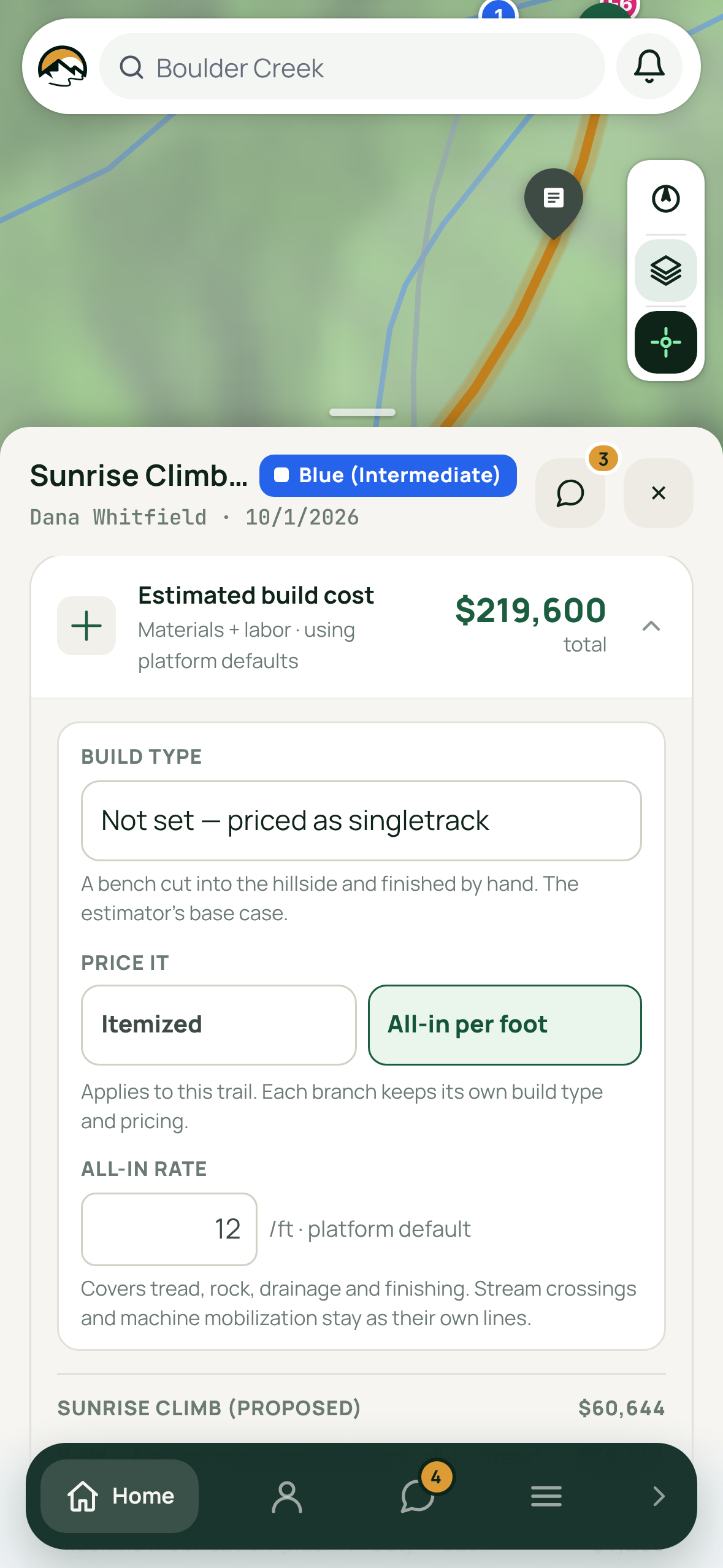 The planner's estimate card in the field app with a build type and all-in pricing