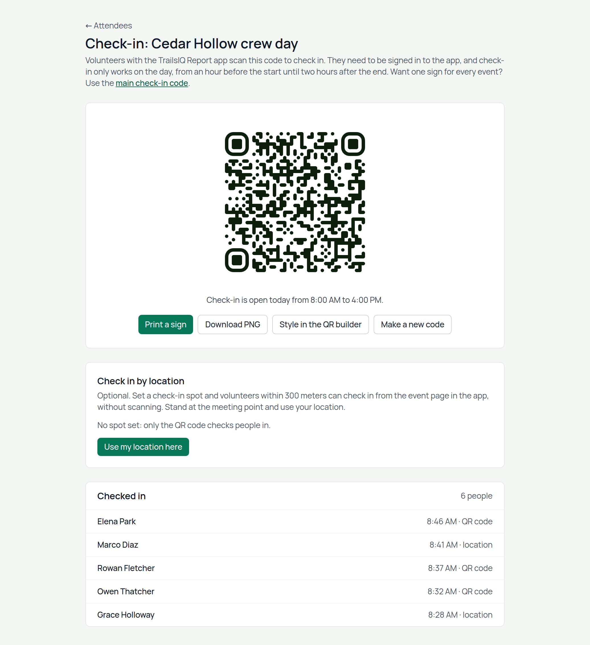 An event's check-in code with the live list of who has checked in