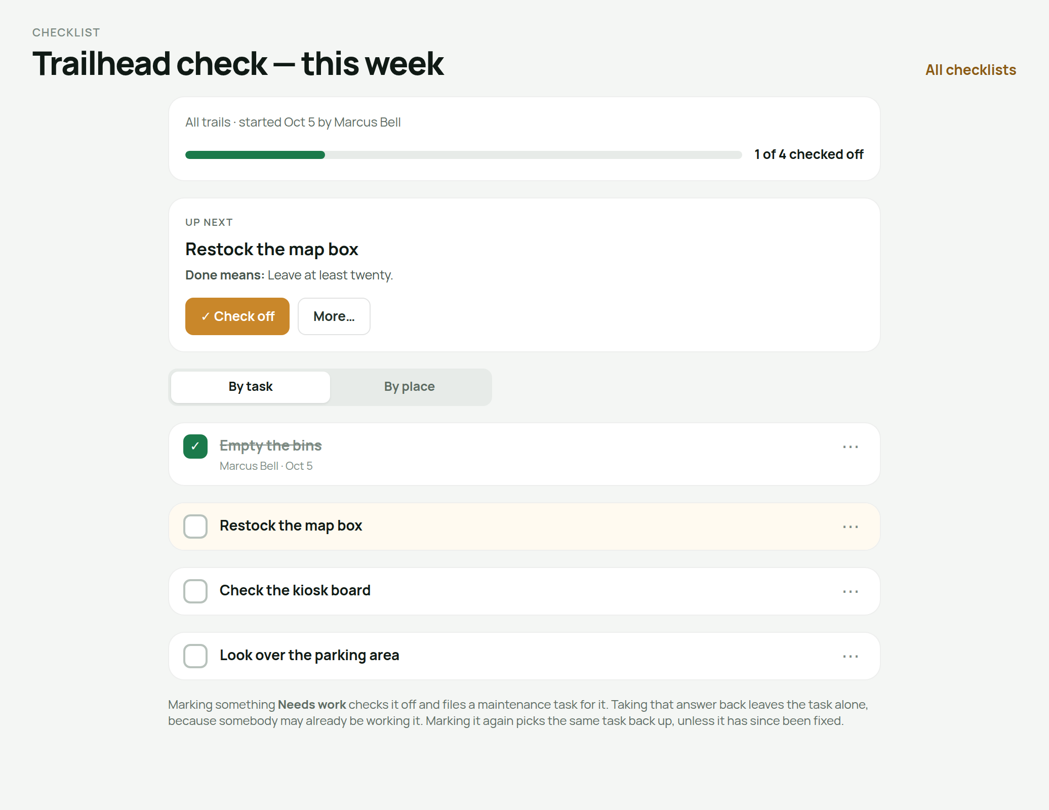 A started checklist with its Up next card and a box per task