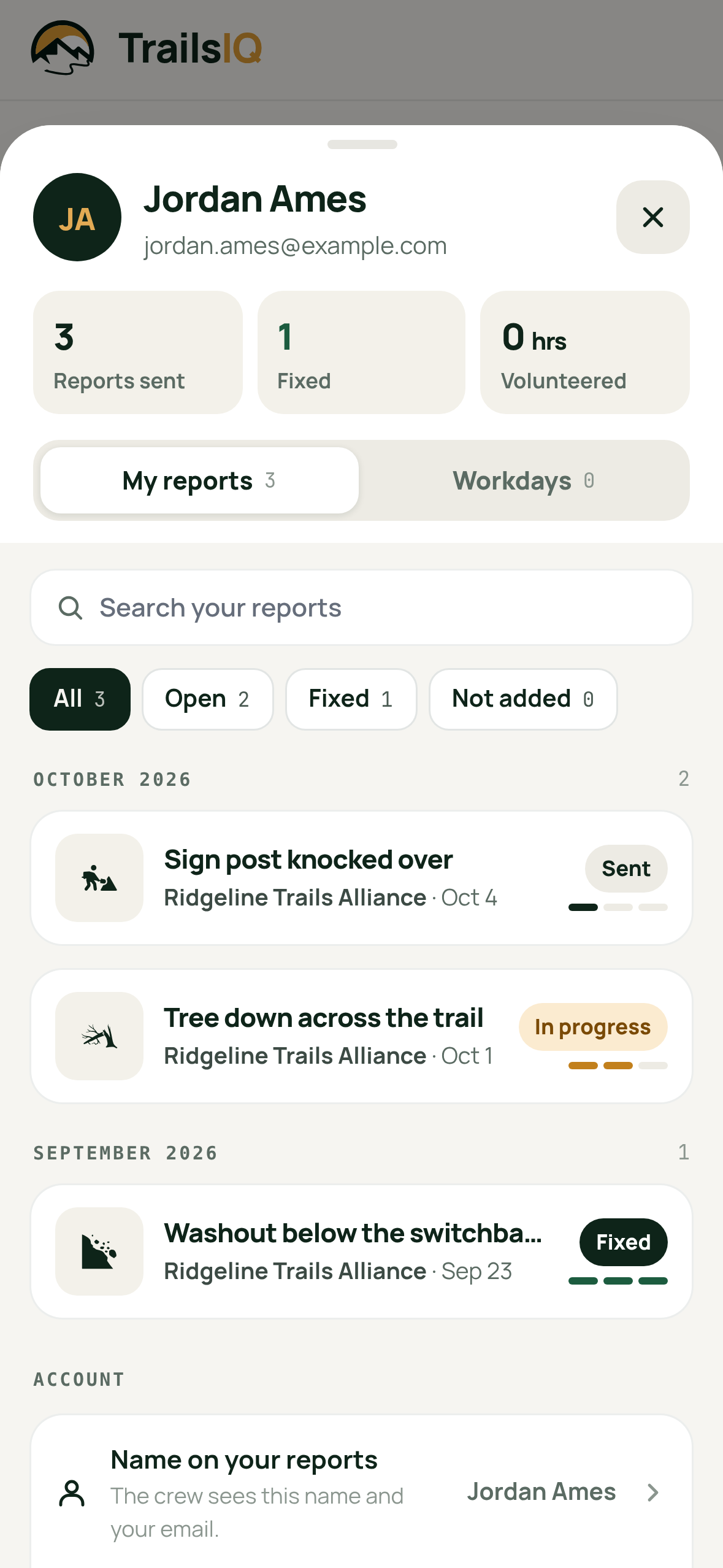 My reports in the TrailsIQ Report app, each report with its status