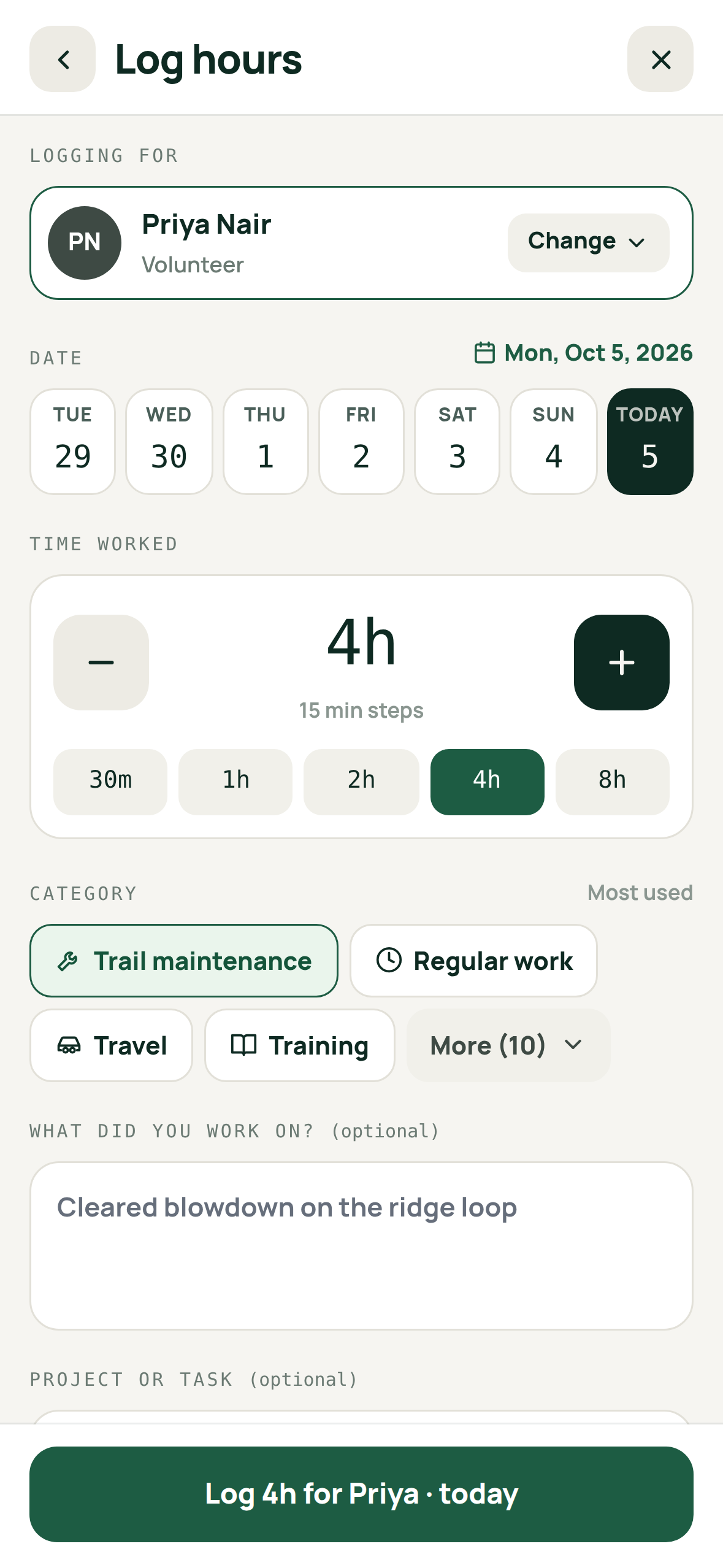 The field app's Log hours form, logging four hours for a volunteer