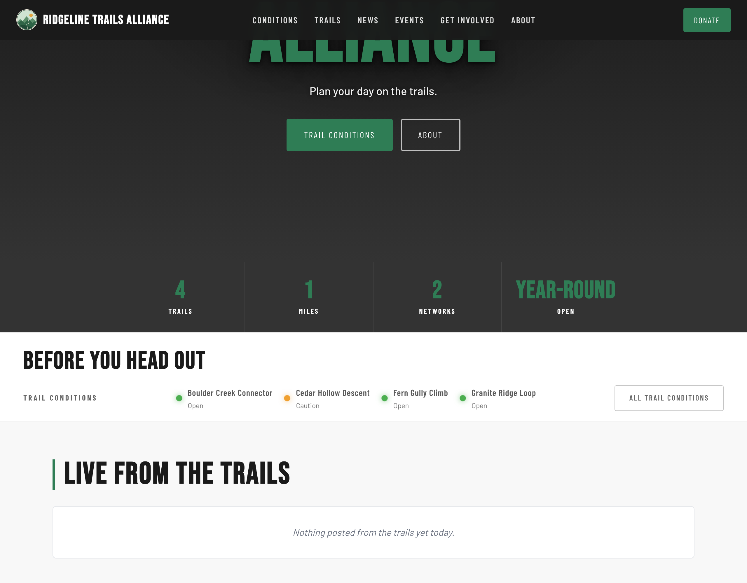 A club website on TrailsIQ, with the day's trail conditions under the hero