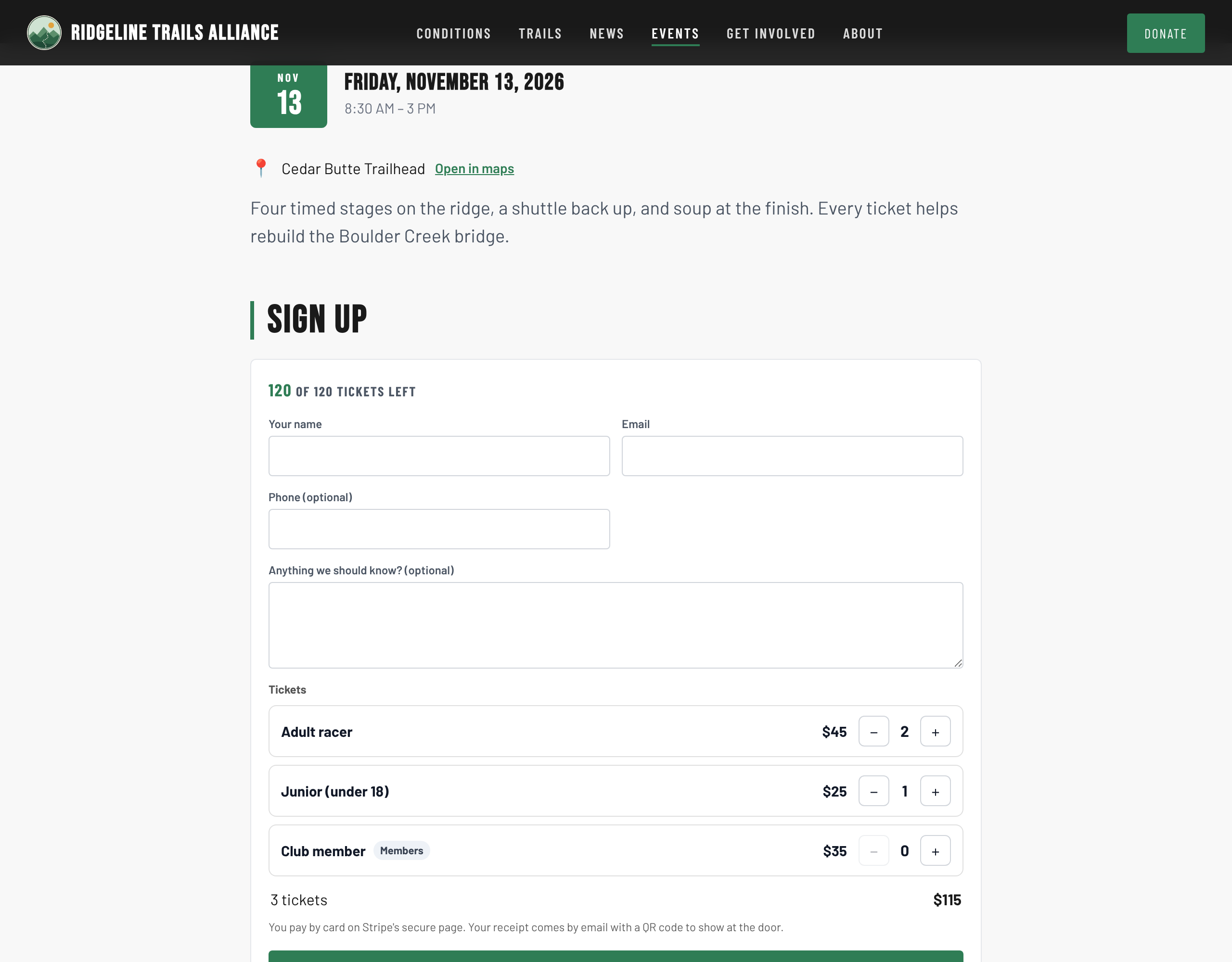 An event page on a club website with its ticket types and a Buy tickets button