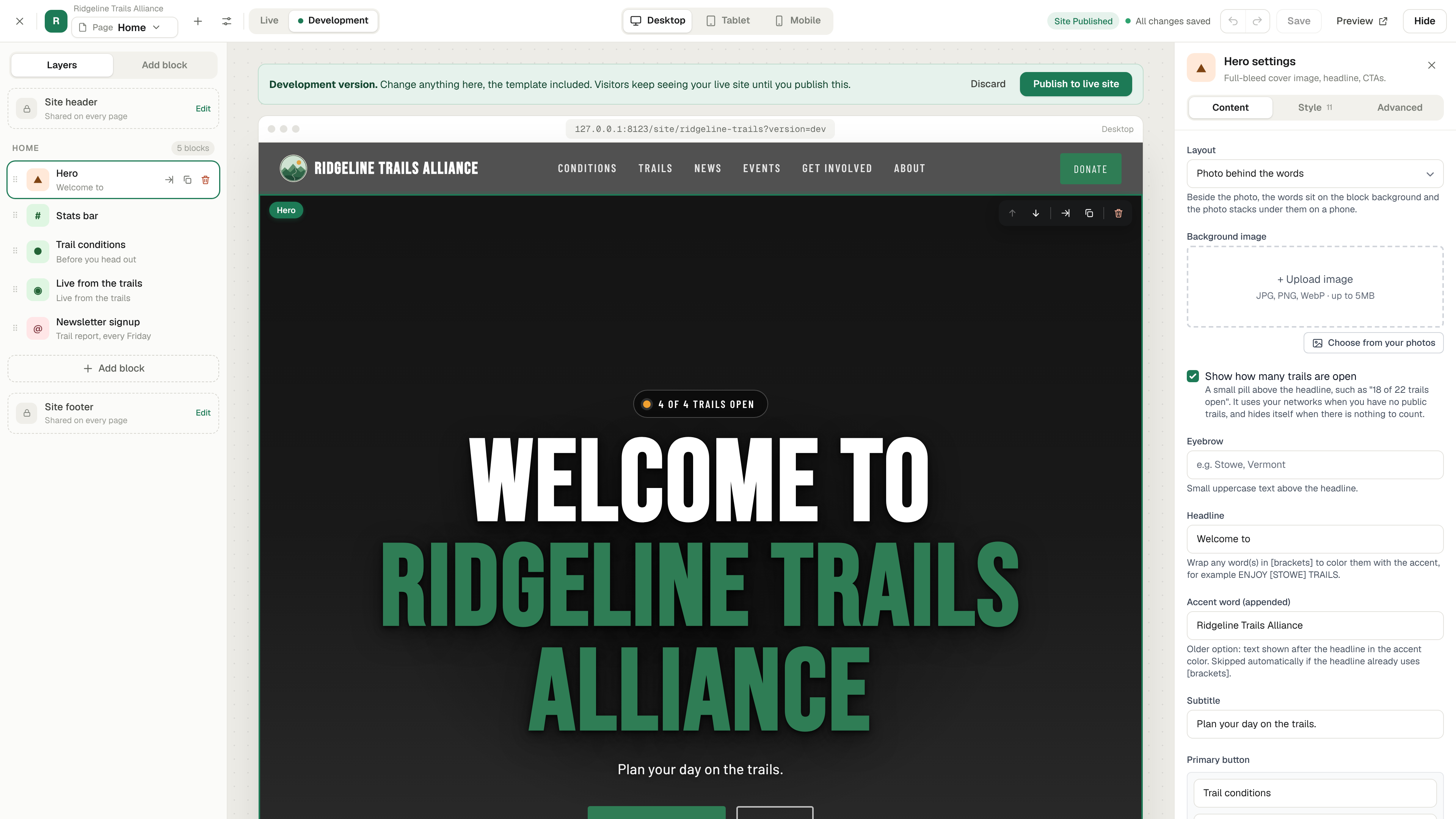 The website builder with a development version open beside the live site