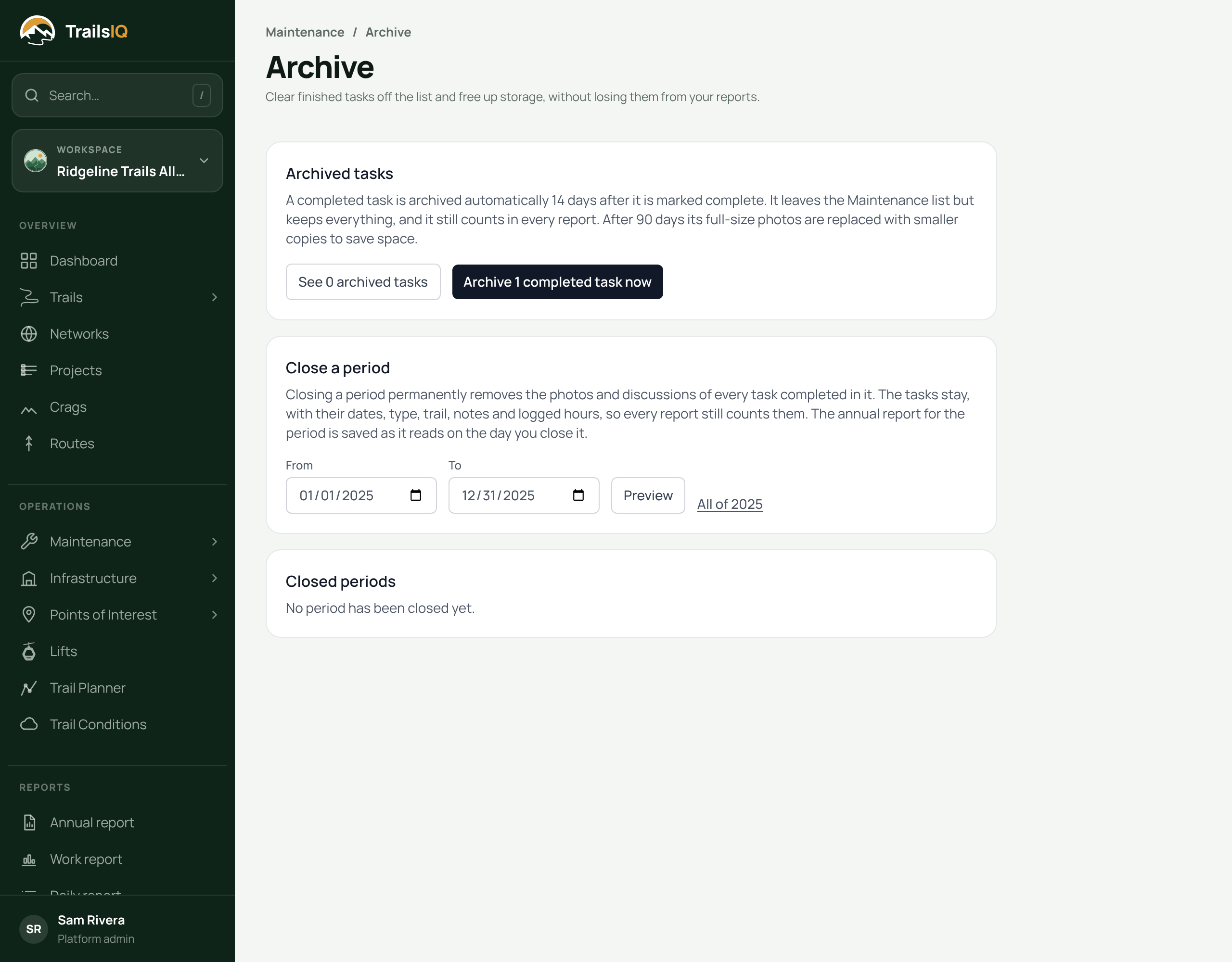 Maintenance → Archive, closing a period with a preview of what it will tidy up