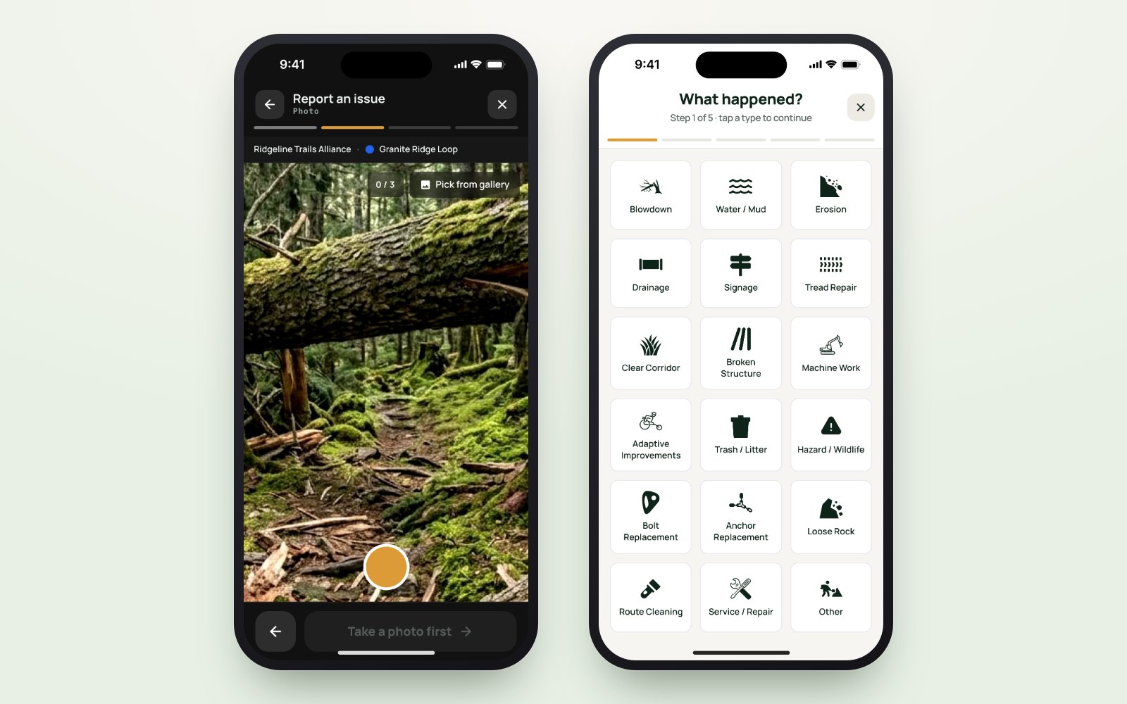 A trail user photographing a fallen tree in the TrailsIQ Go app, and the crew's task-type picker
