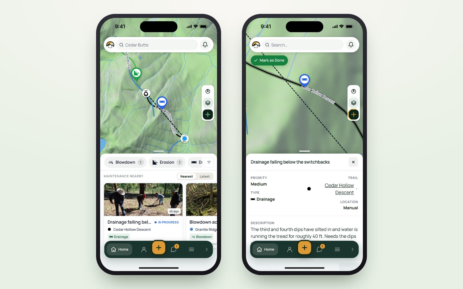 Maintenance items pinned on the field app's map, and one open with its type, trail and description