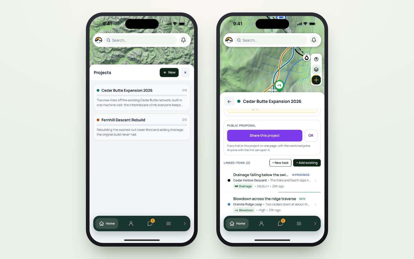 A project in the field app, grouping the open items on its trails