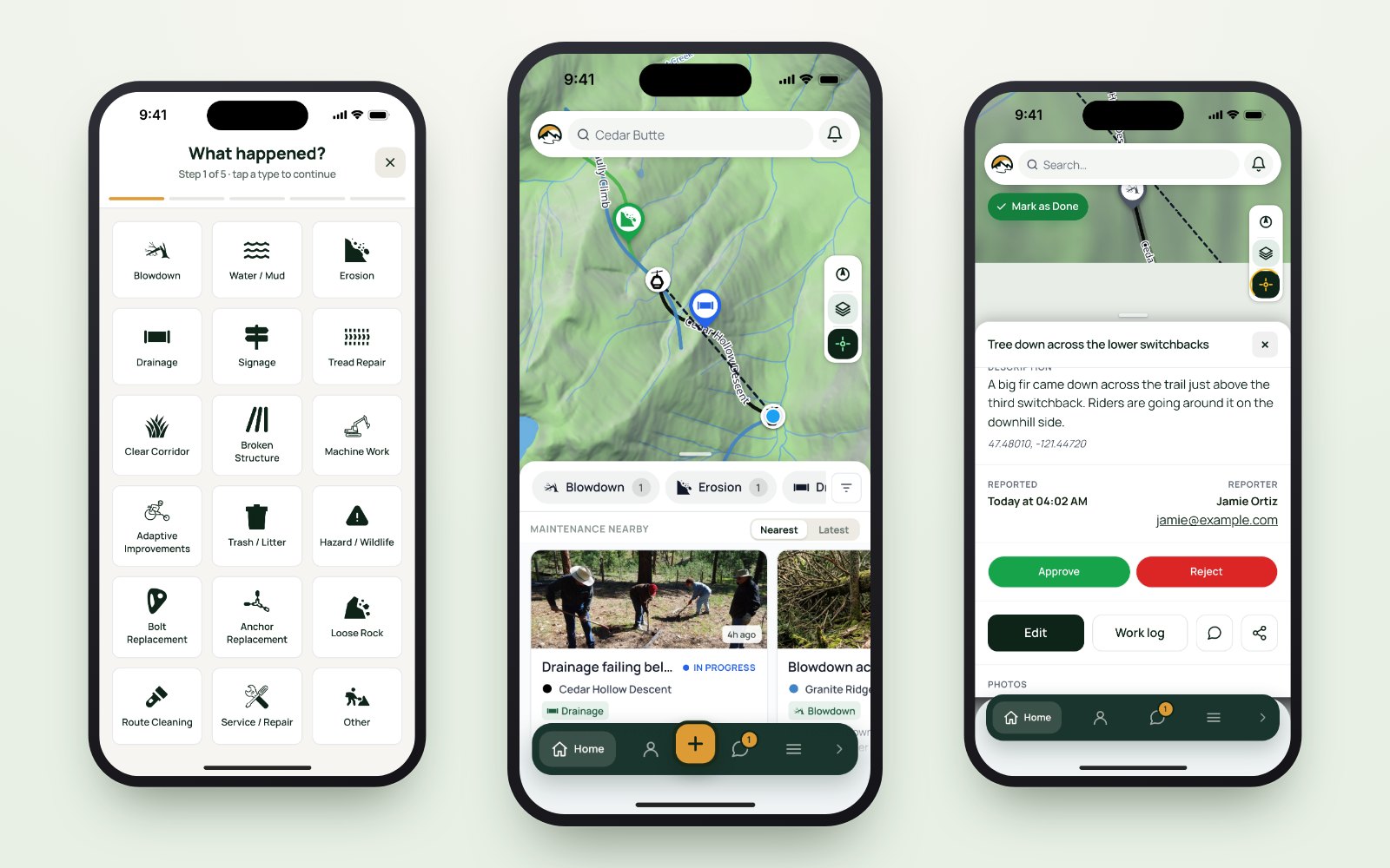 The TrailsIQ field app on three phones: the task-type picker, the map of open items, and a report waiting for review