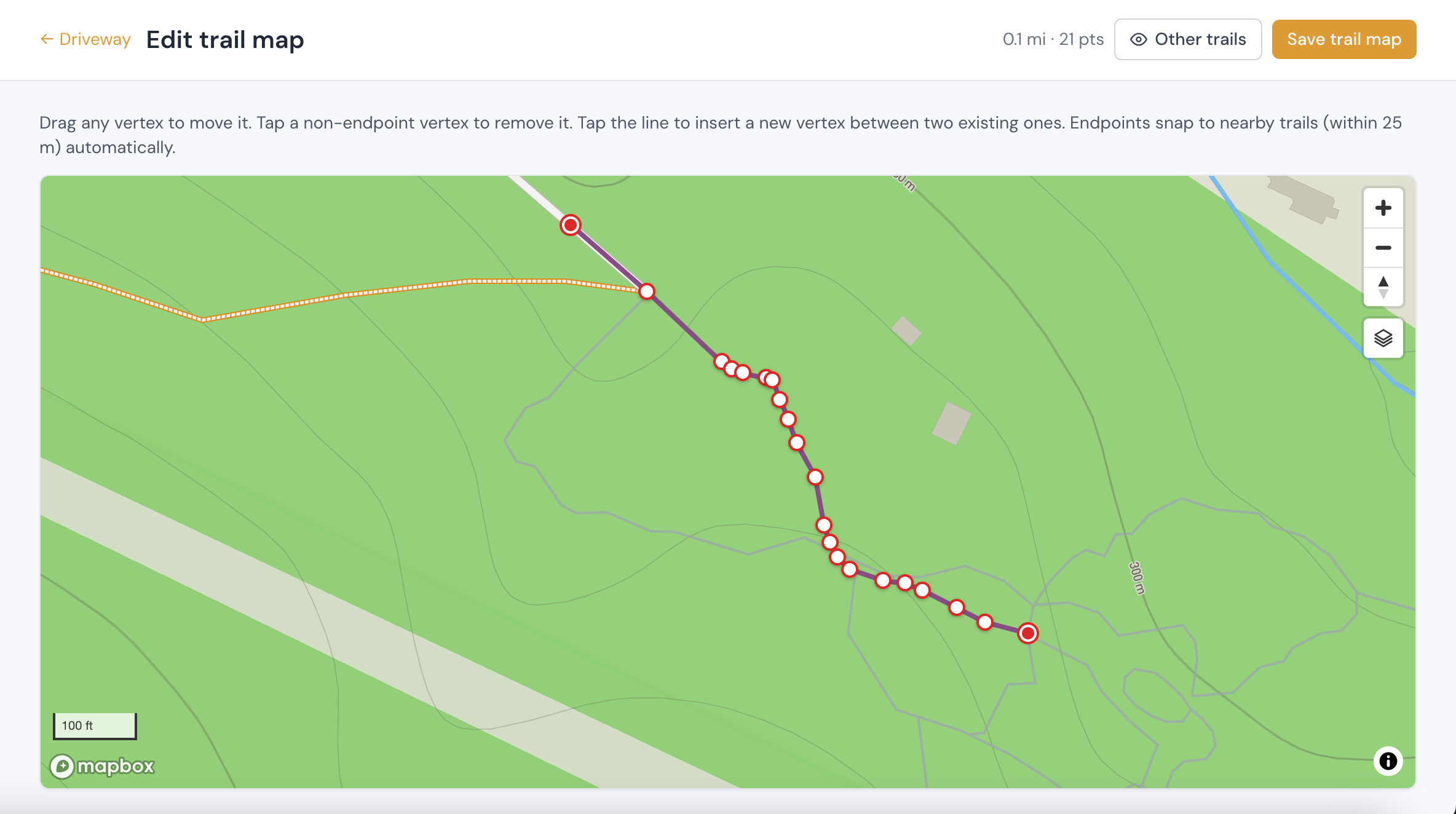 Edit Trail Map page with a vertex being dragged on the polyline