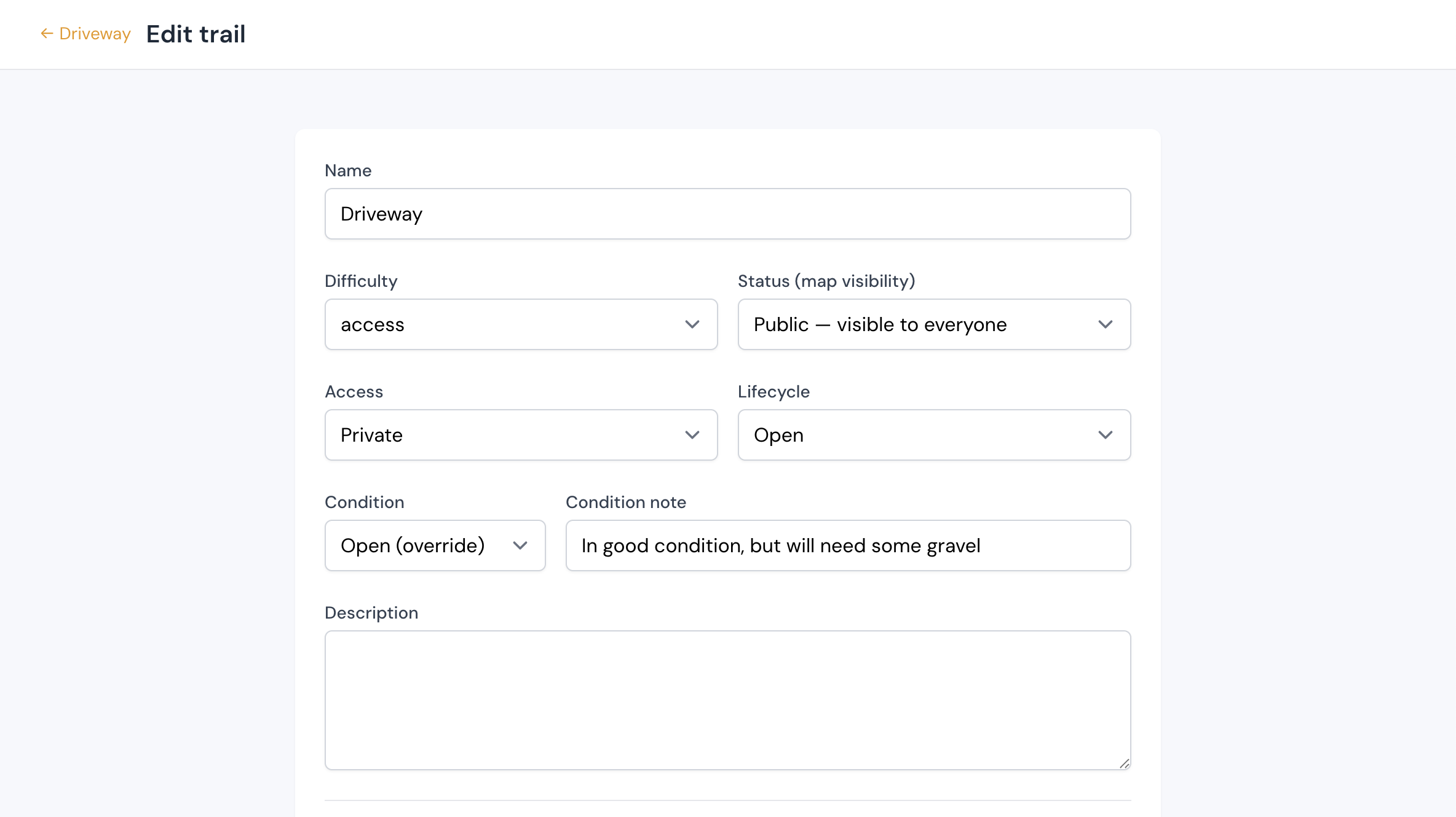 Trail Edit page — Name, Description, Status, Access, Lifecycle section