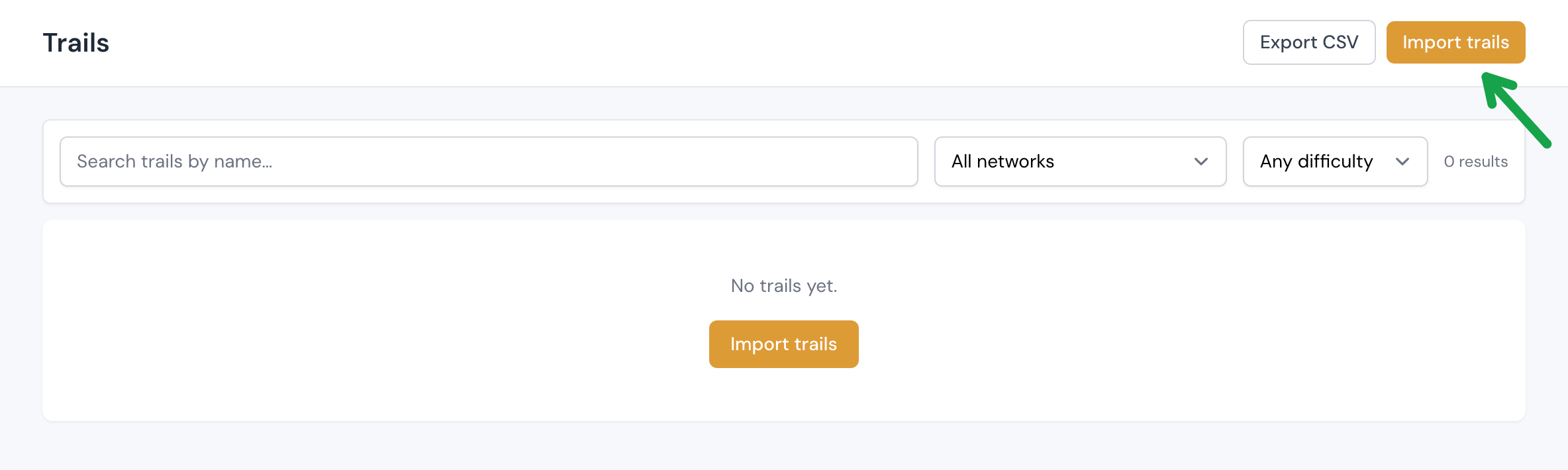 Trails page header showing the Import trails button in the top right