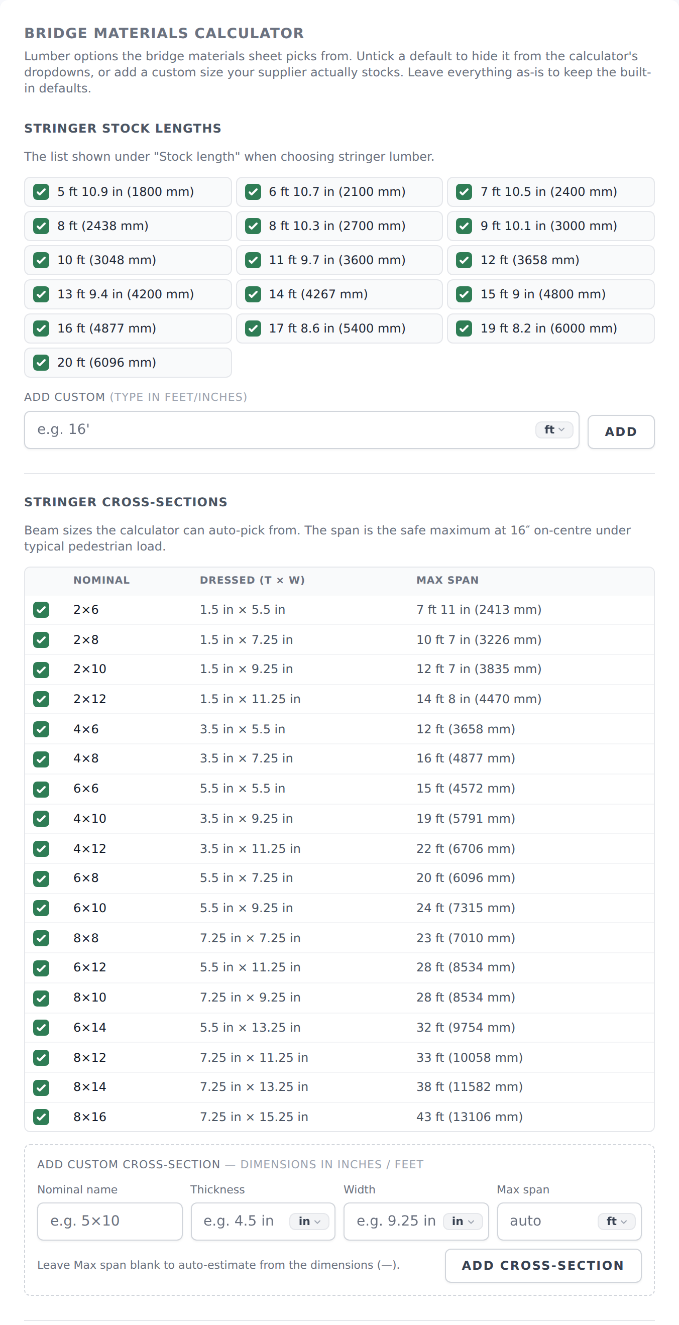 Settings screen listing available stock lengths and stringer cross-sections