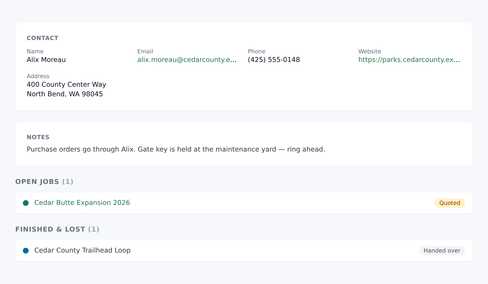 A client page with their contact details and their jobs split into open and finished