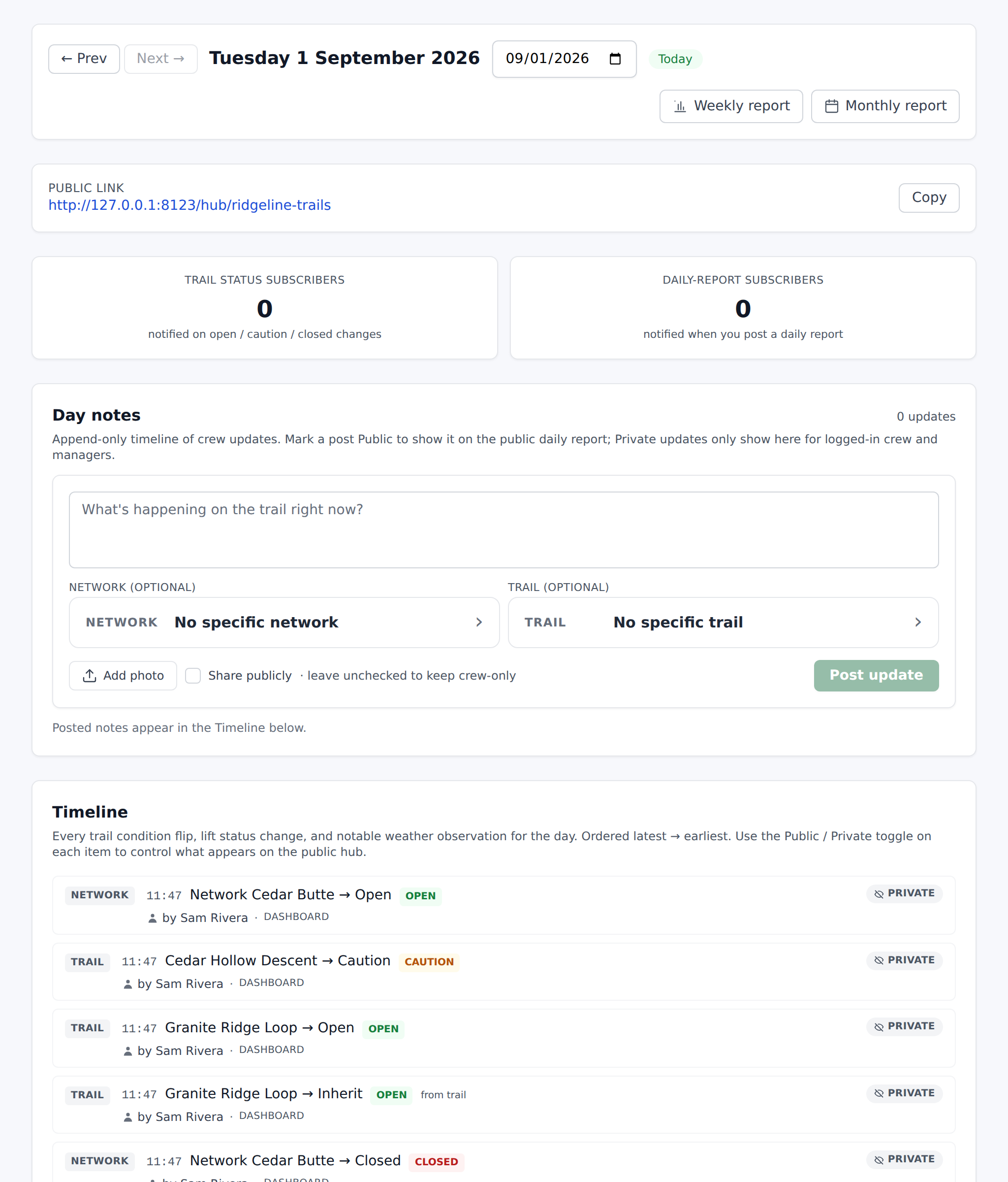 Daily report page header with the calendar picker and Prev/Next stepper
