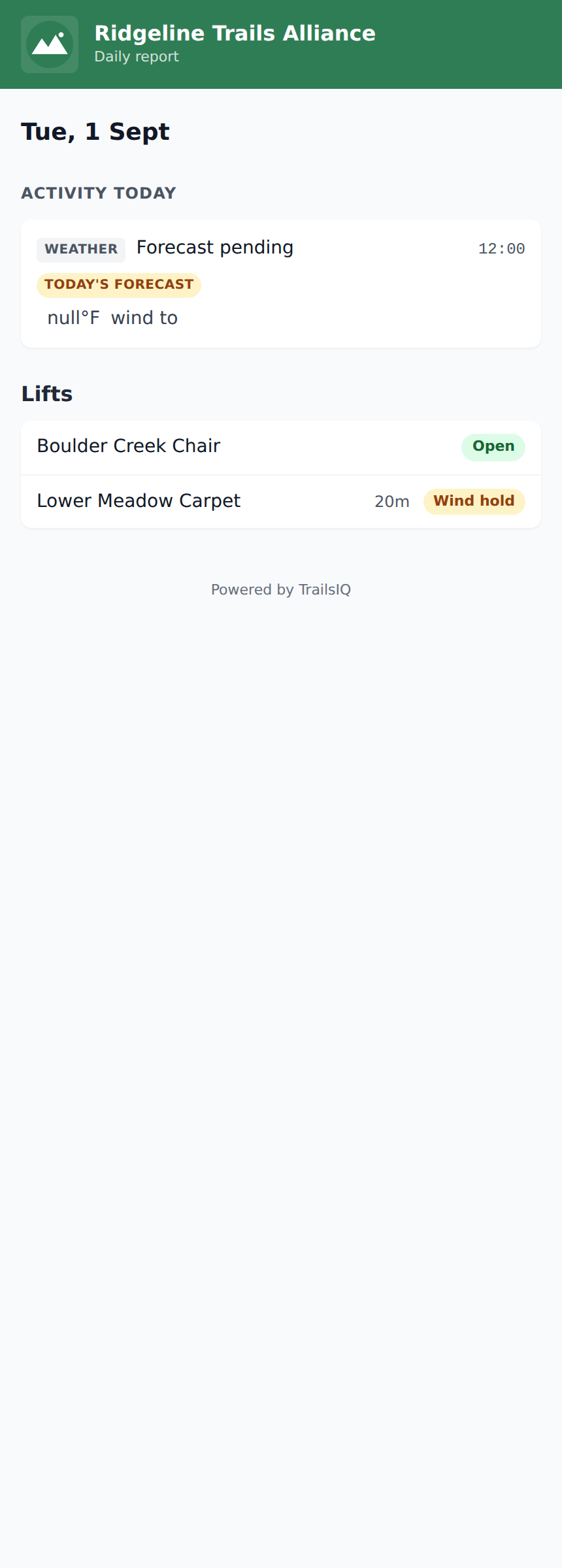 Public hub page (/hub/{slug}) rendered on a mobile viewport with weather + trails + lifts sections