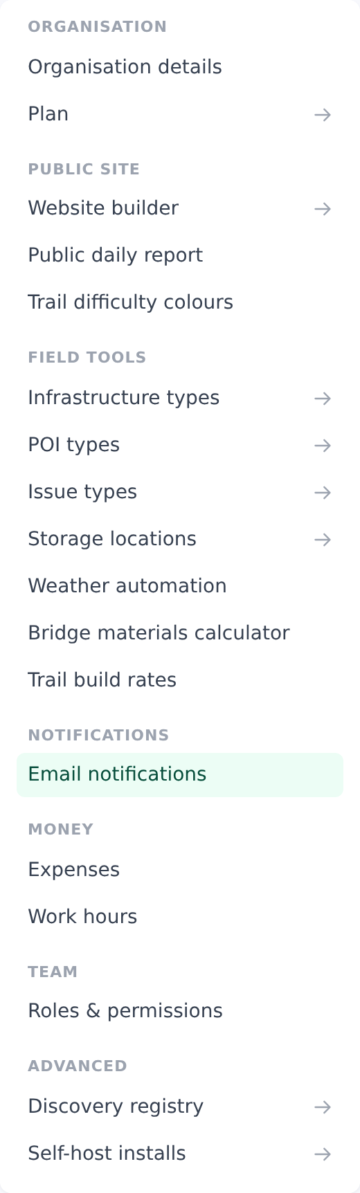 Settings sidebar with the Email notifications entry highlighted