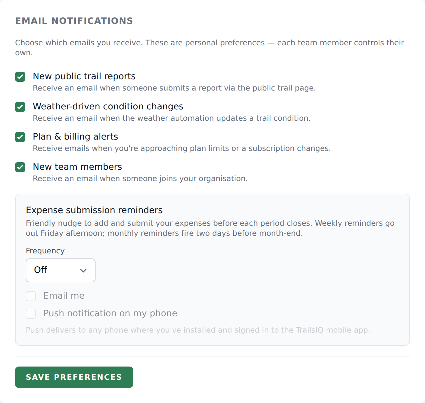 Email notifications page showing the four one-off toggles + the expense reminder block