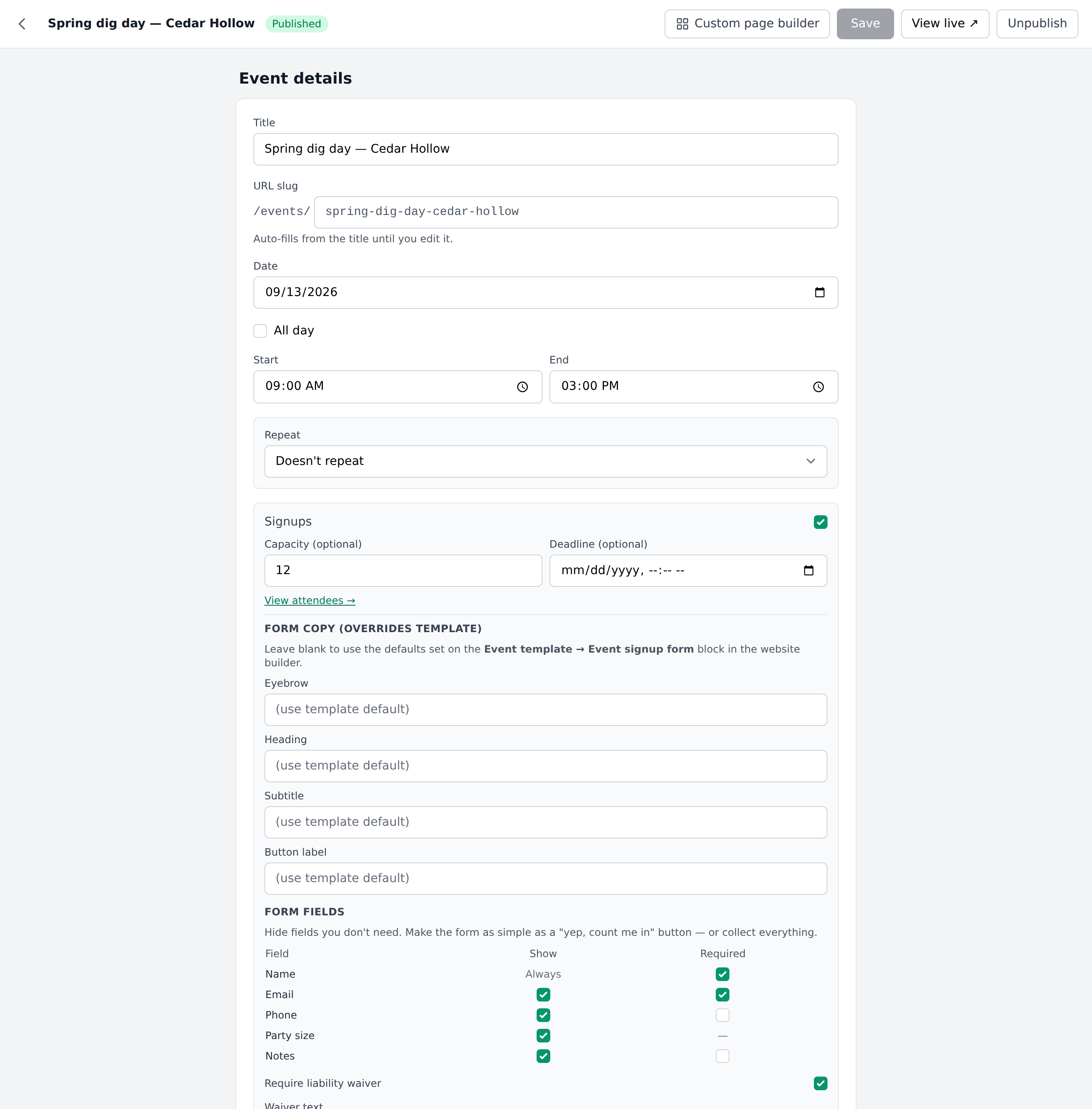 Event editor Details form open with Title, Slug, Date, Repeat, Location