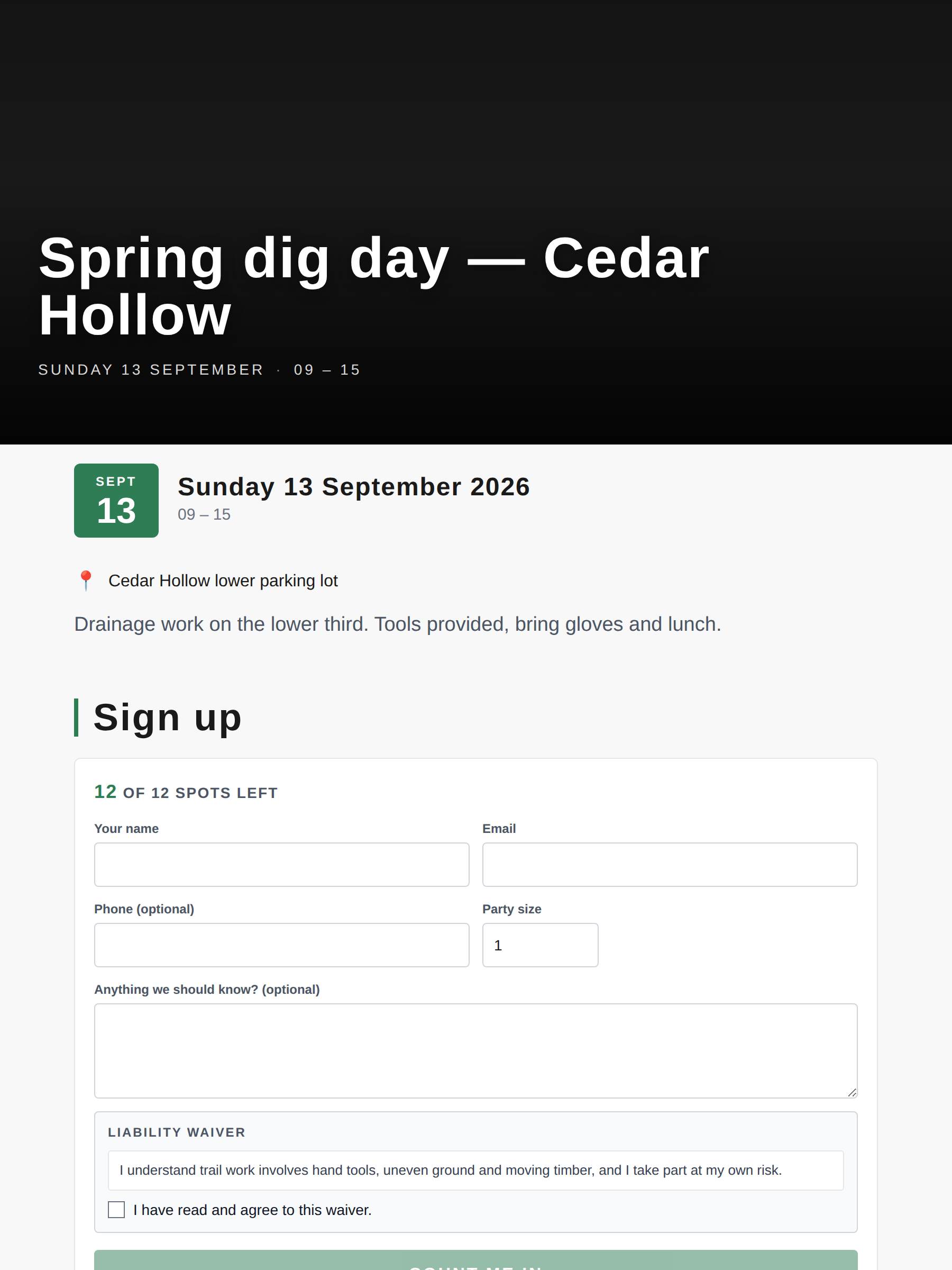 Public event page showing hero, When, Location, and the signup form