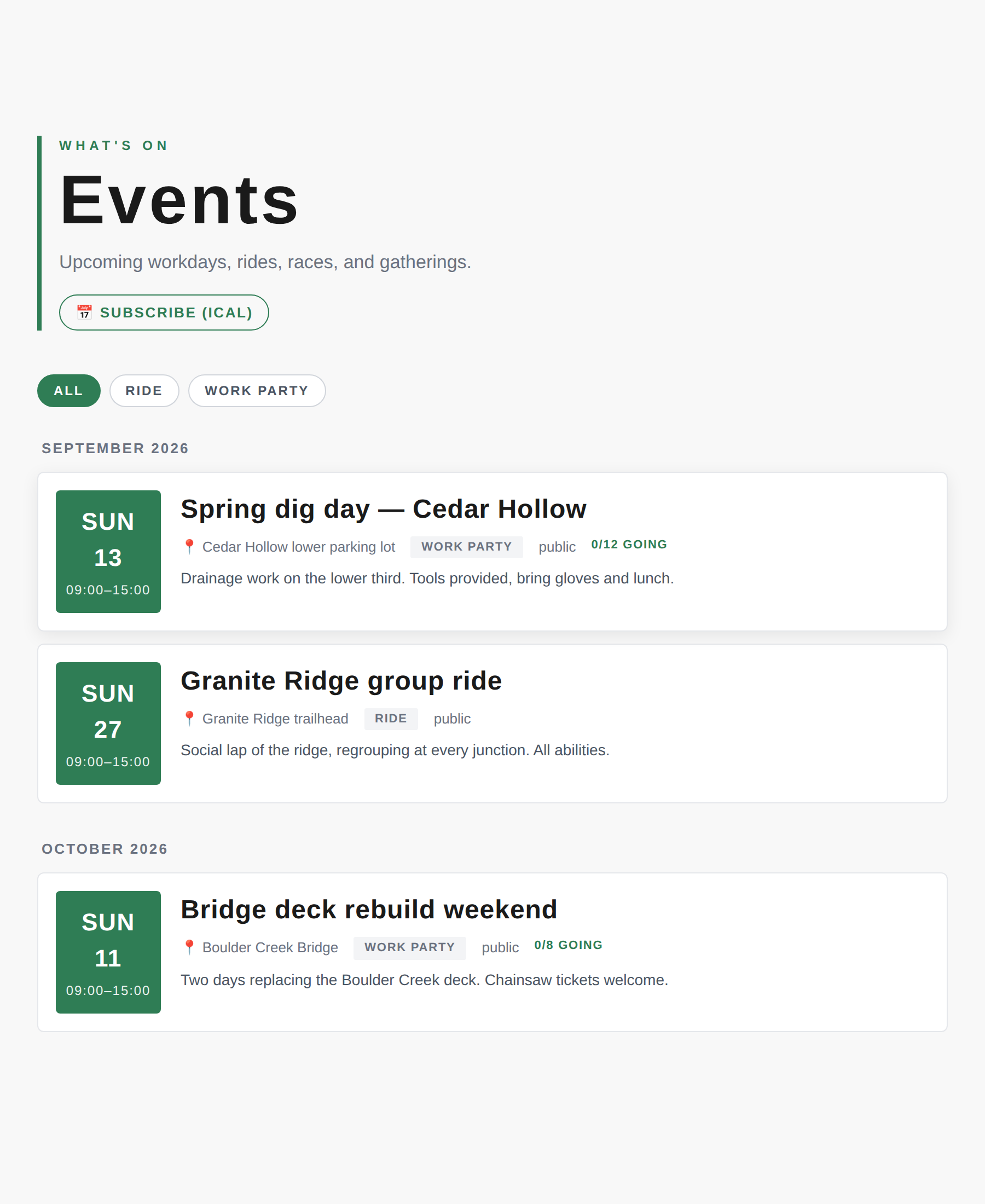 Public events index page with WHAT'S ON eyebrow, event rows grouped by month, tag chip filter