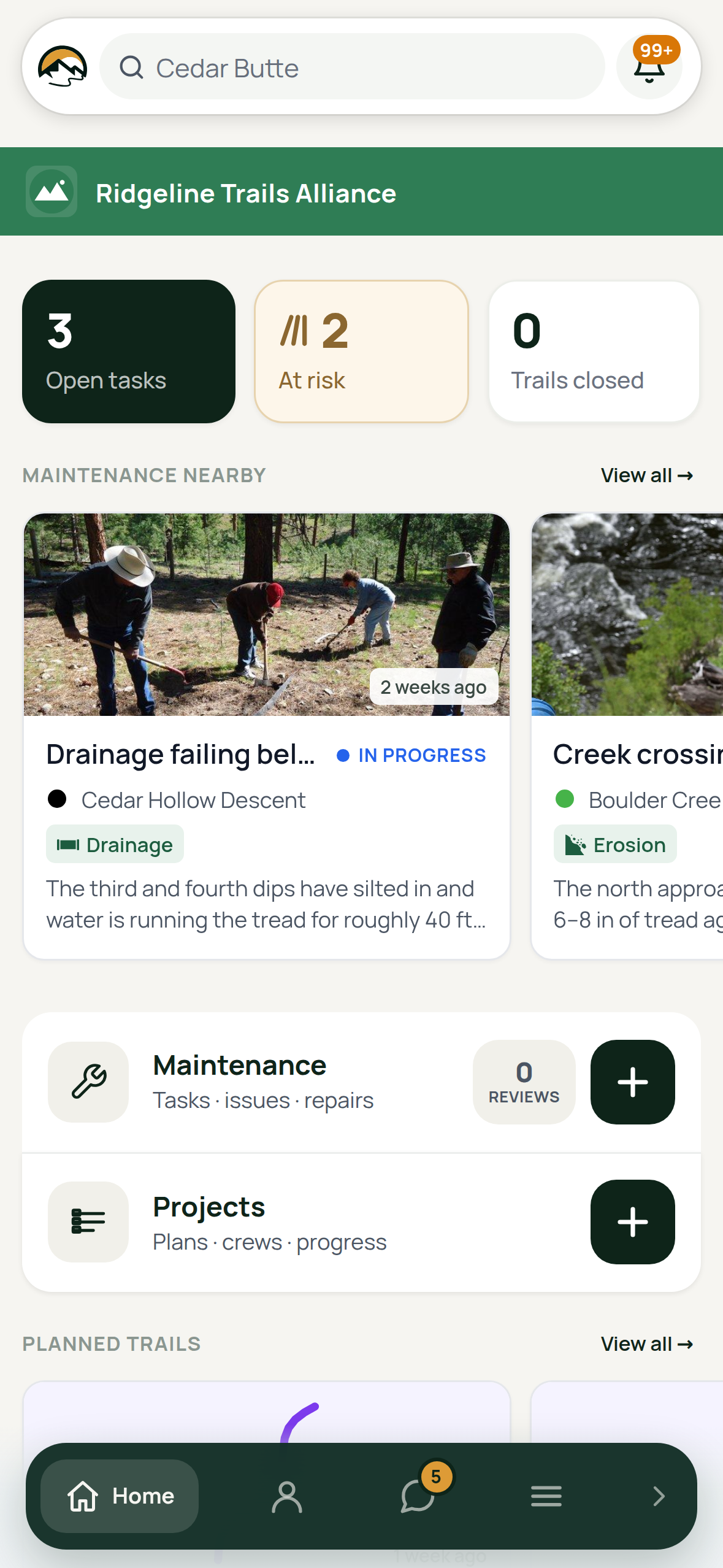 Field App home tab with time-of-day greeting, weather cards, and action tiles