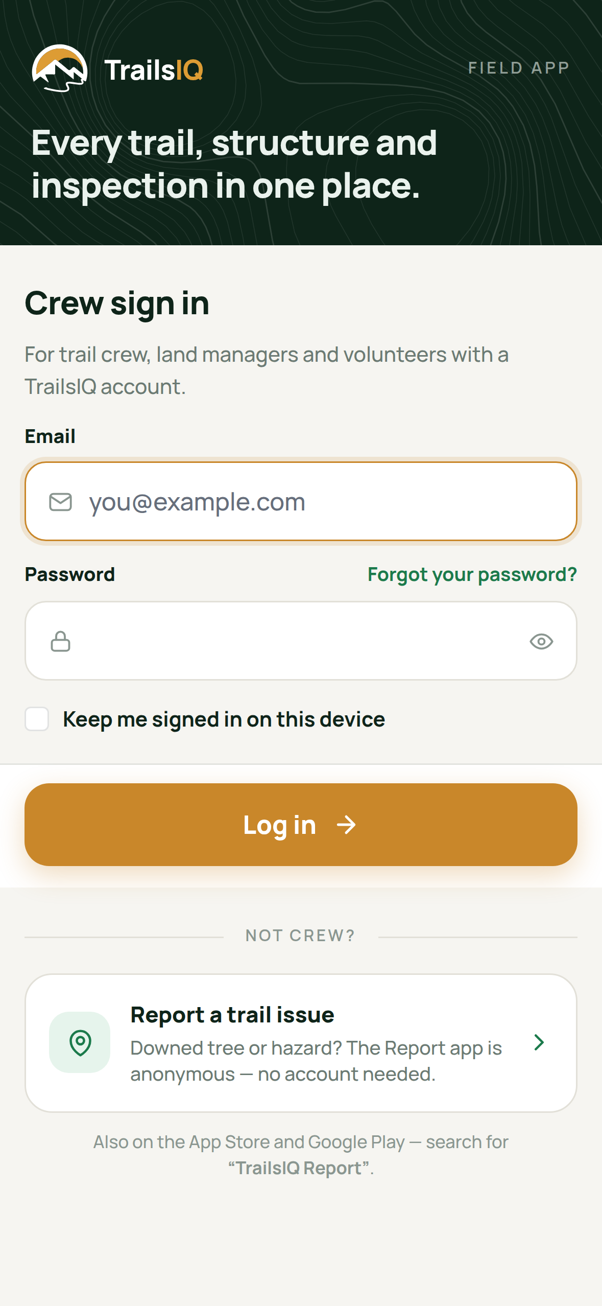Field app Crew sign in screen with email, password and a link to the anonymous Report app