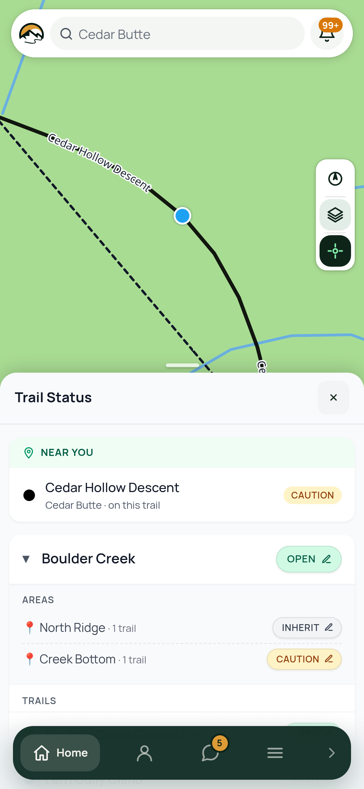 Trail Status tab showing network / area / trail rows with condition pills