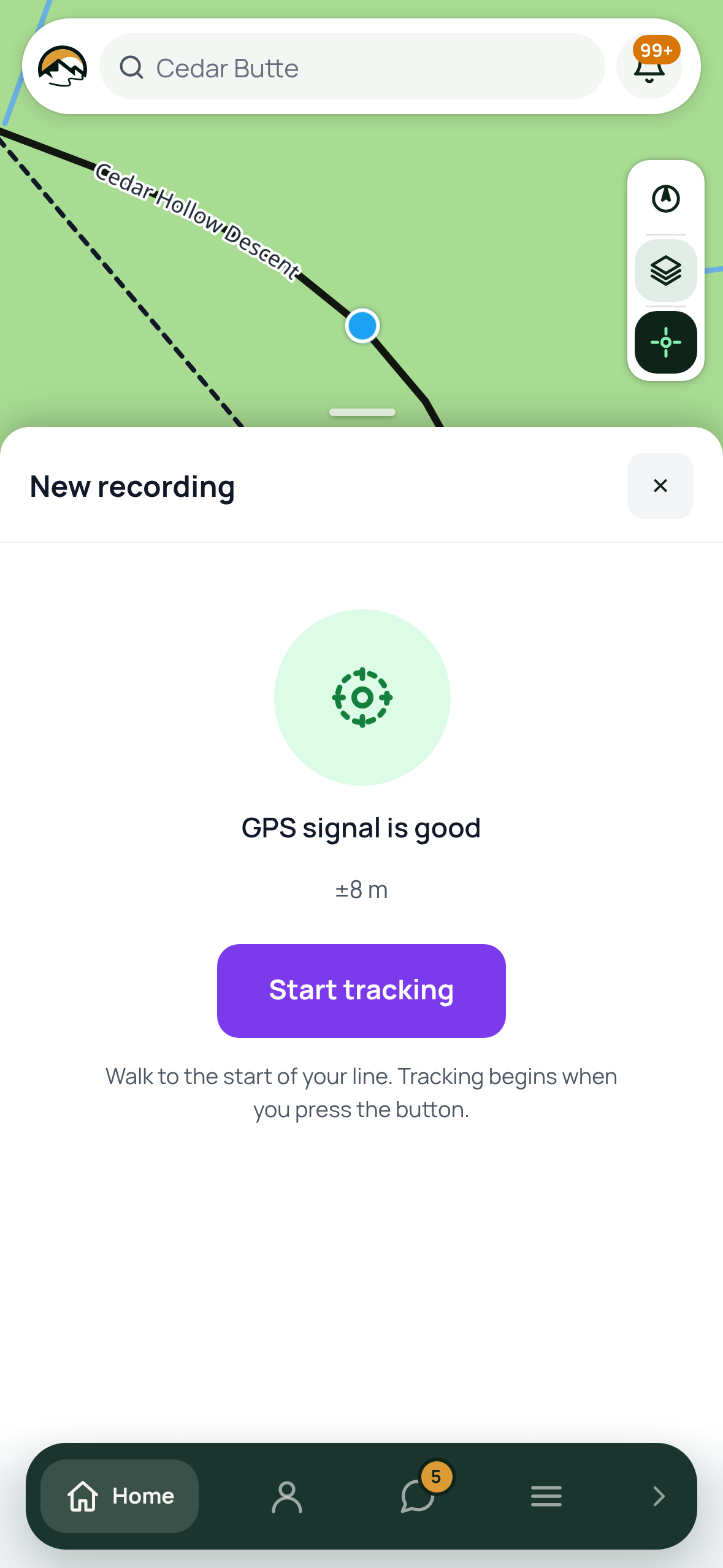 GPS recorder in Warmup phase with the accuracy status pill