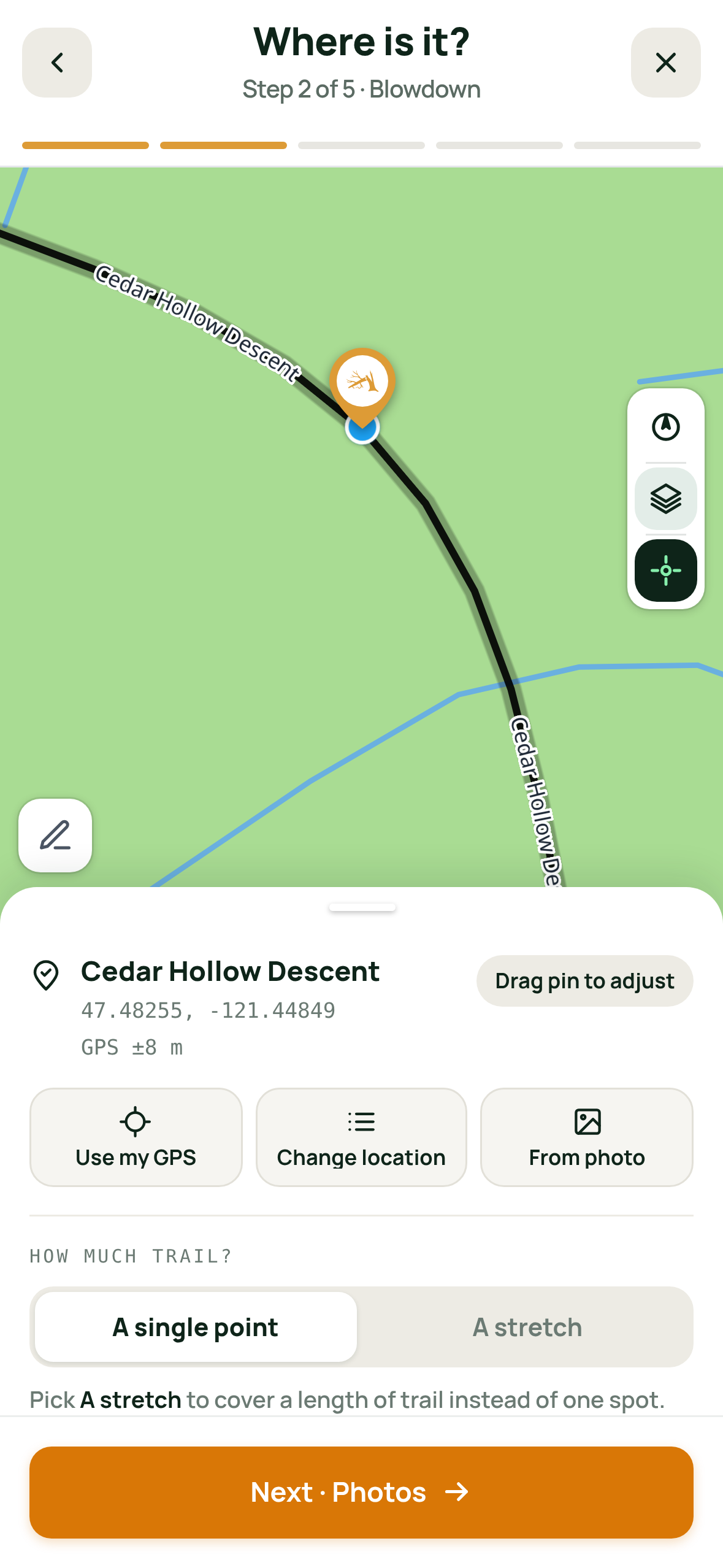 Create New Task wizard on the Location step with GPS auto-snap and trail slider
