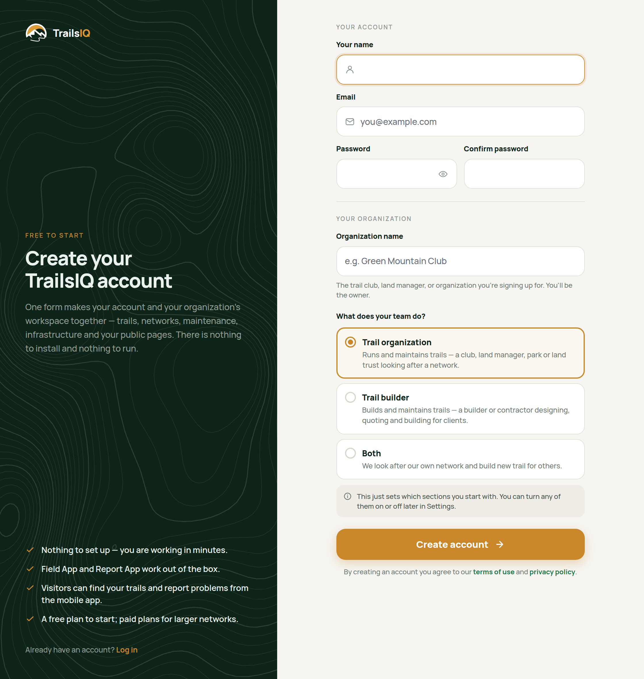 The sign-up form, showing name, organization name, the three "What does your team do?" choices, and email and password