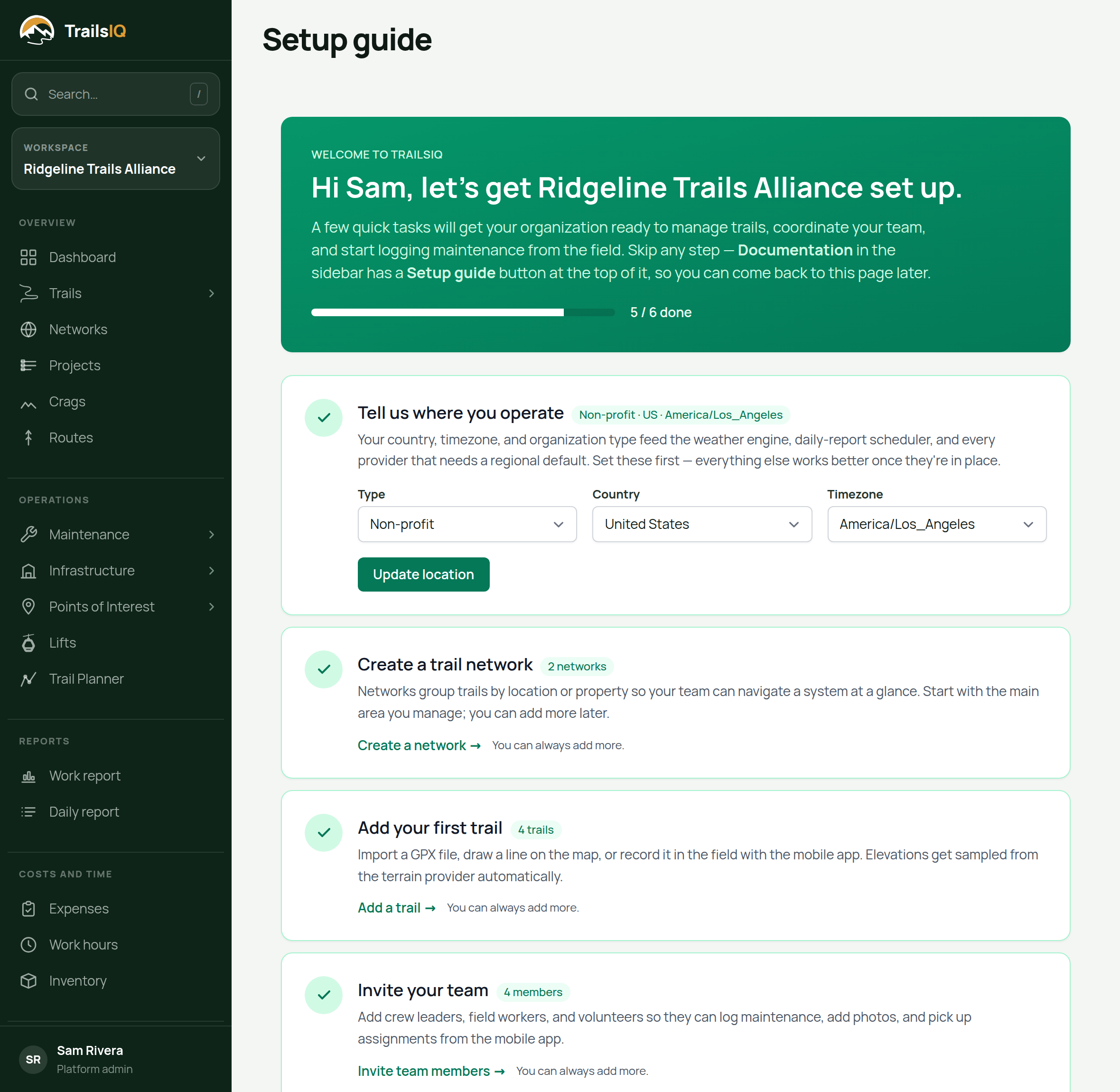 The Setup guide on the dashboard, with its six steps and their progress