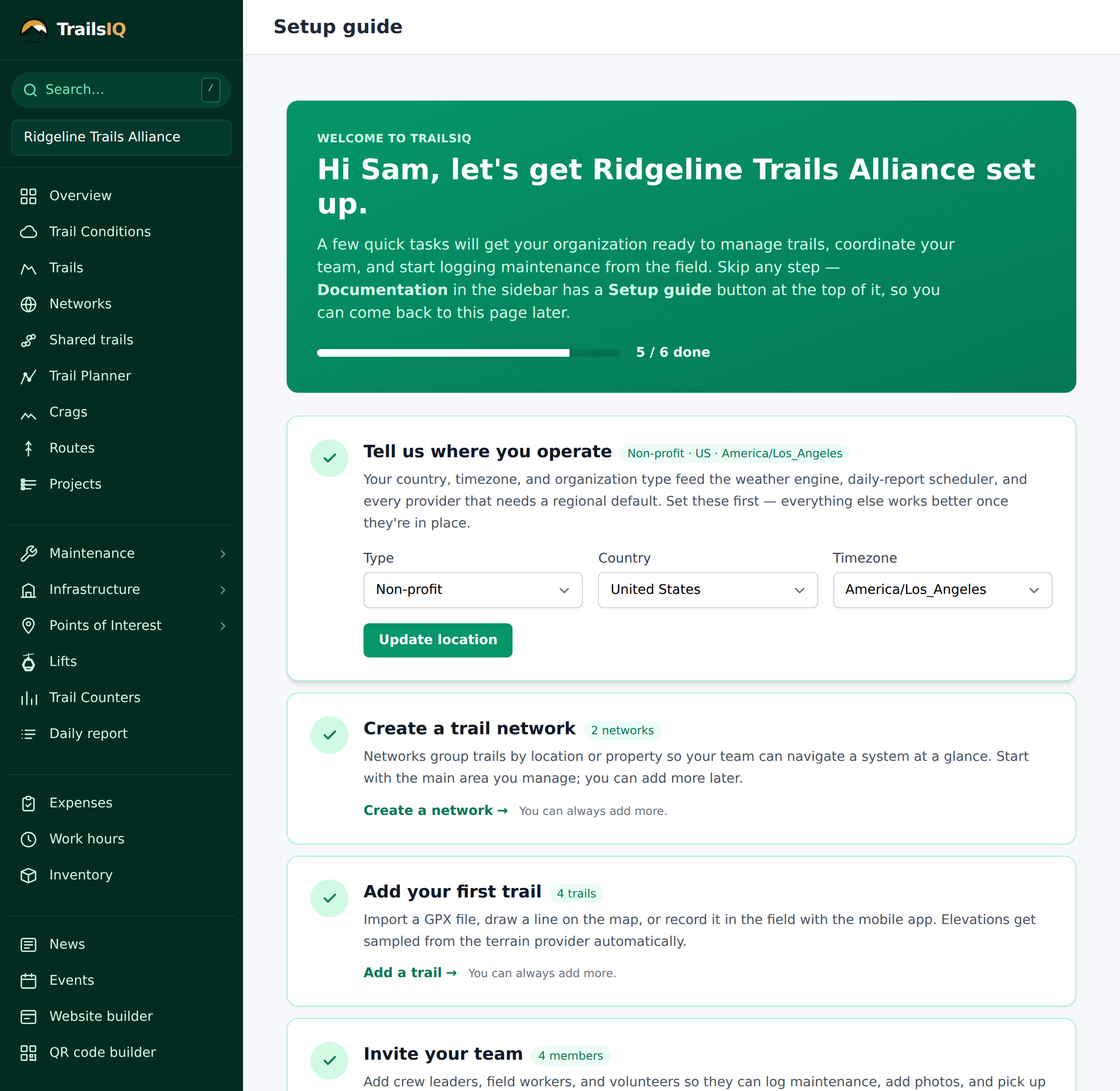 The Setup guide on the dashboard, with its six steps and their progress