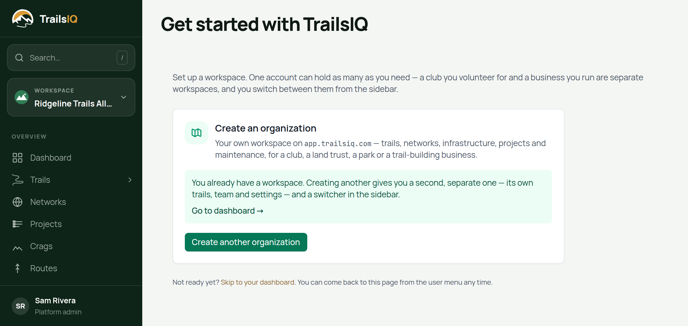 The Get started screen for creating an additional organization from inside the app