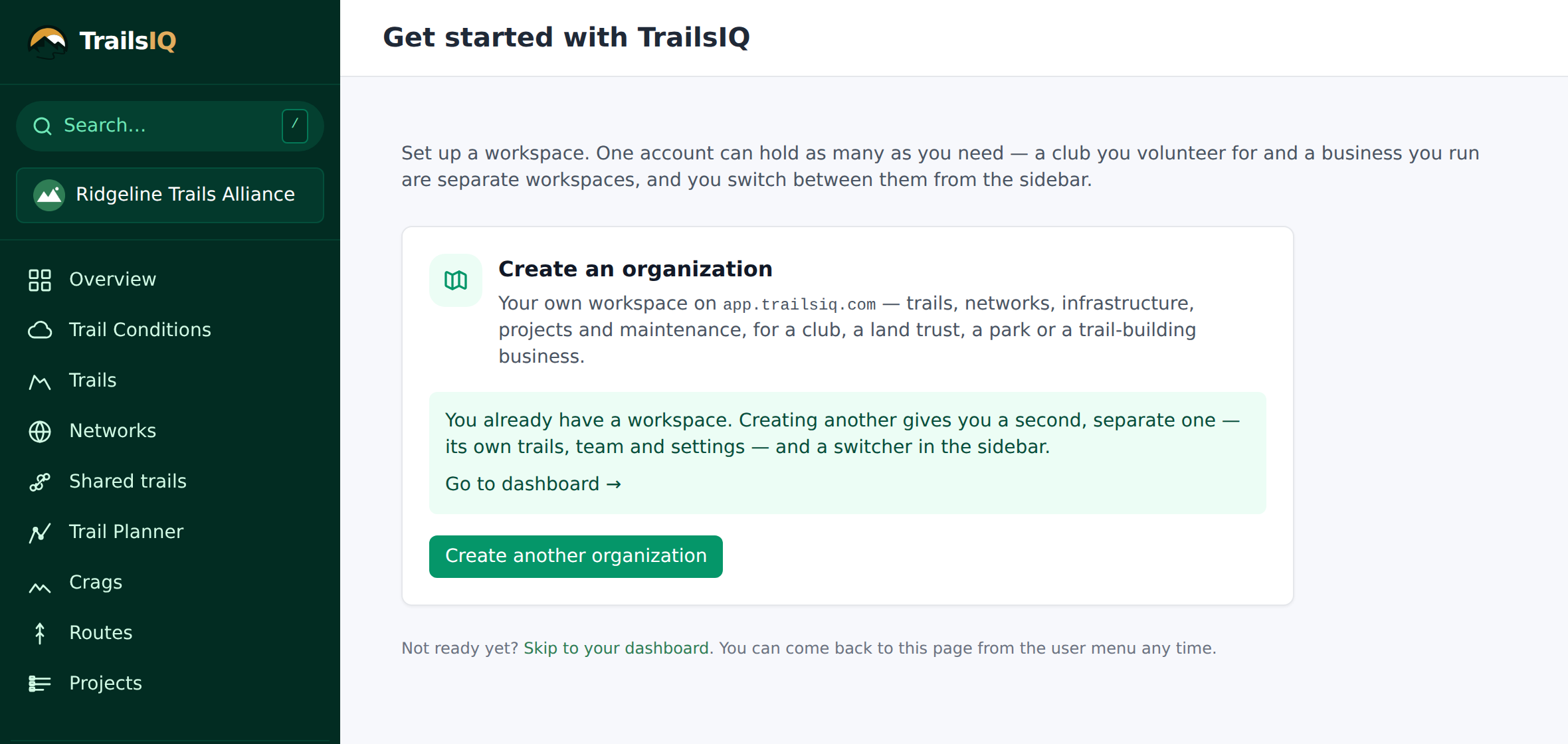 The Get started screen for creating an additional organization from inside the app