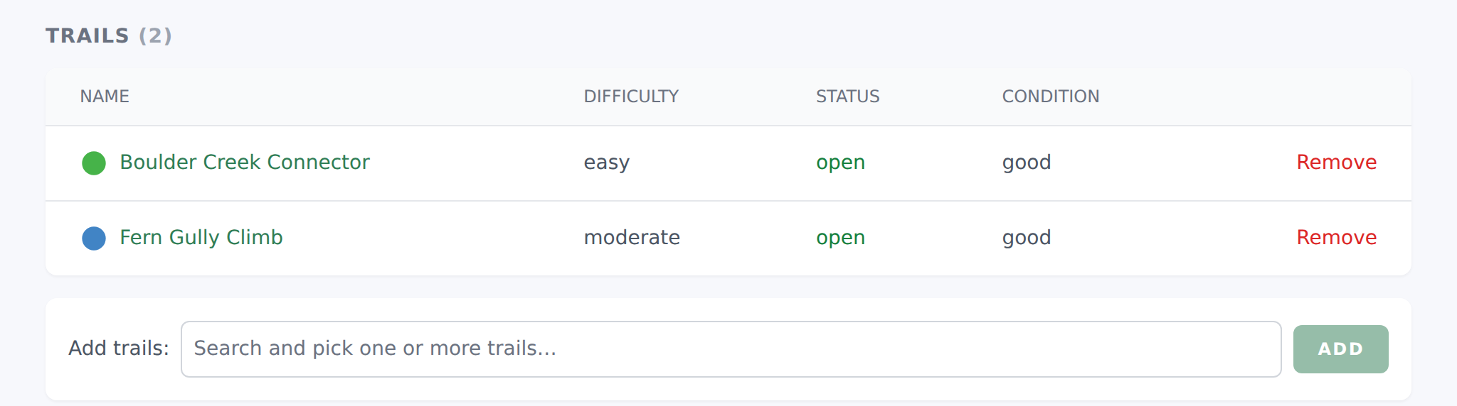 Add trails section on a network Show page — searchable multi-select and Add button