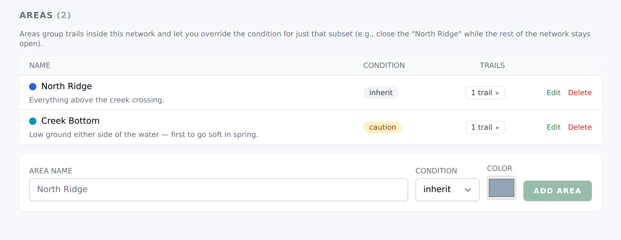 Areas section with the inline create form (name + condition + colour picker) and the list of existing areas