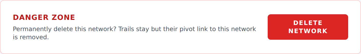 Danger zone on the network edit page with the Delete network button and confirmation copy