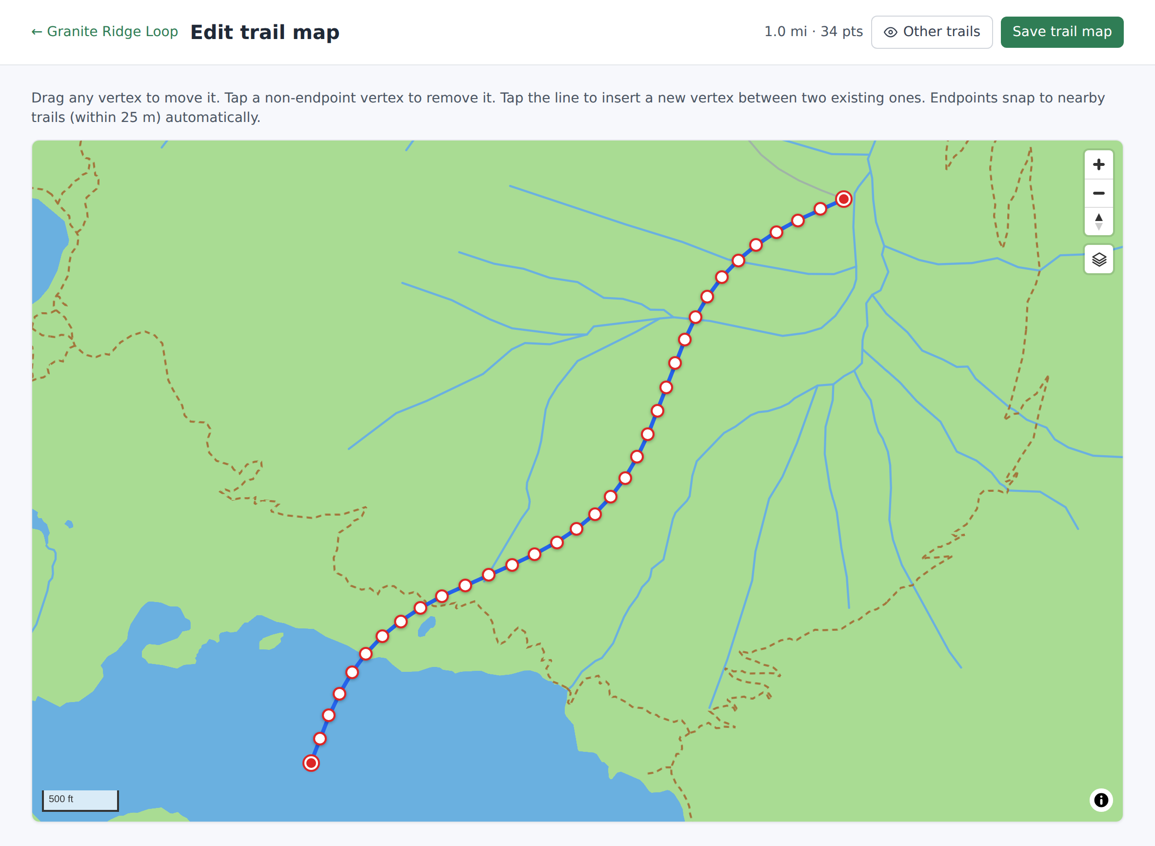 Edit Trail Map page with a vertex being dragged on the polyline