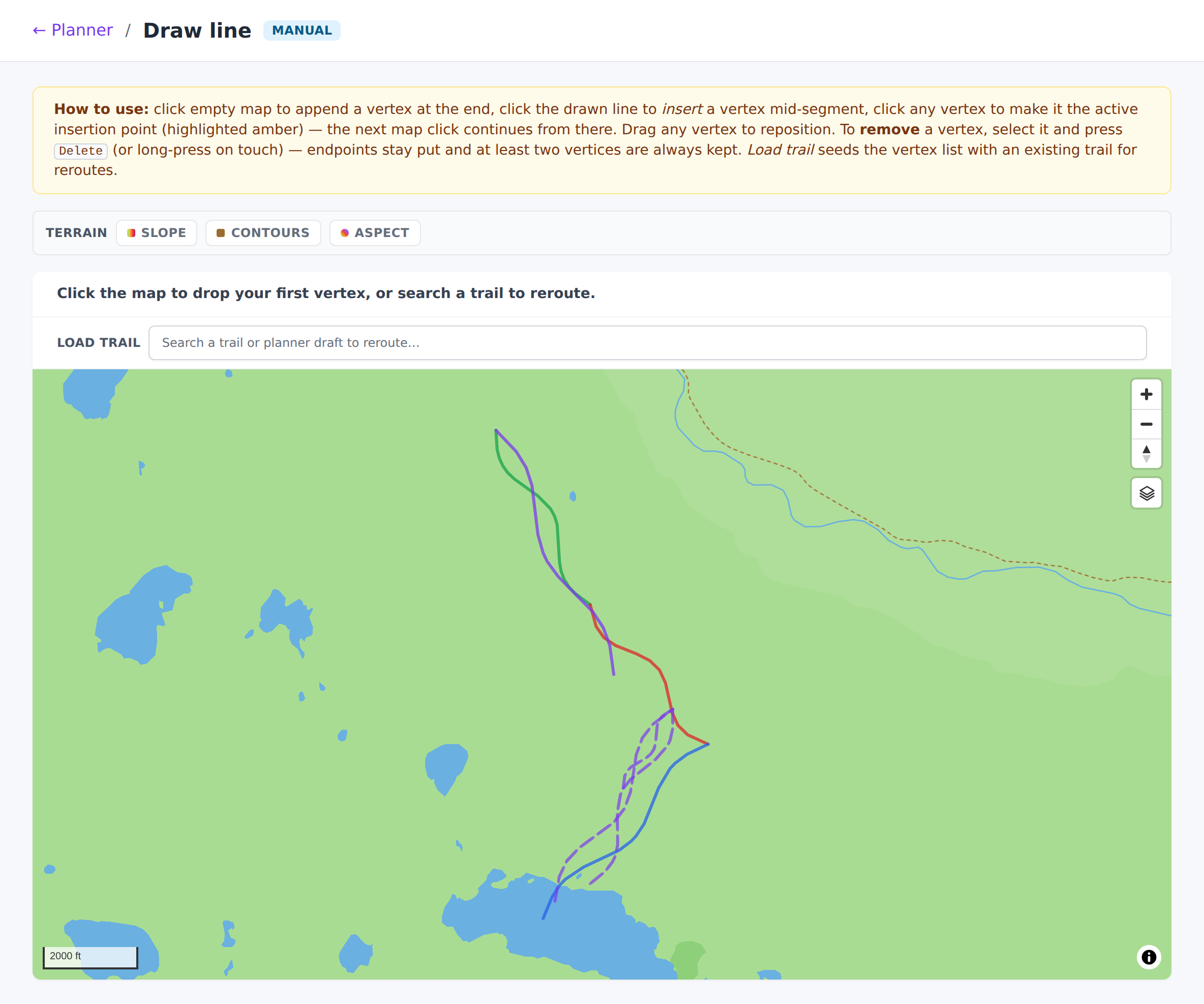 Draw line page with the vertex-drop UI and the Save as planner draft button