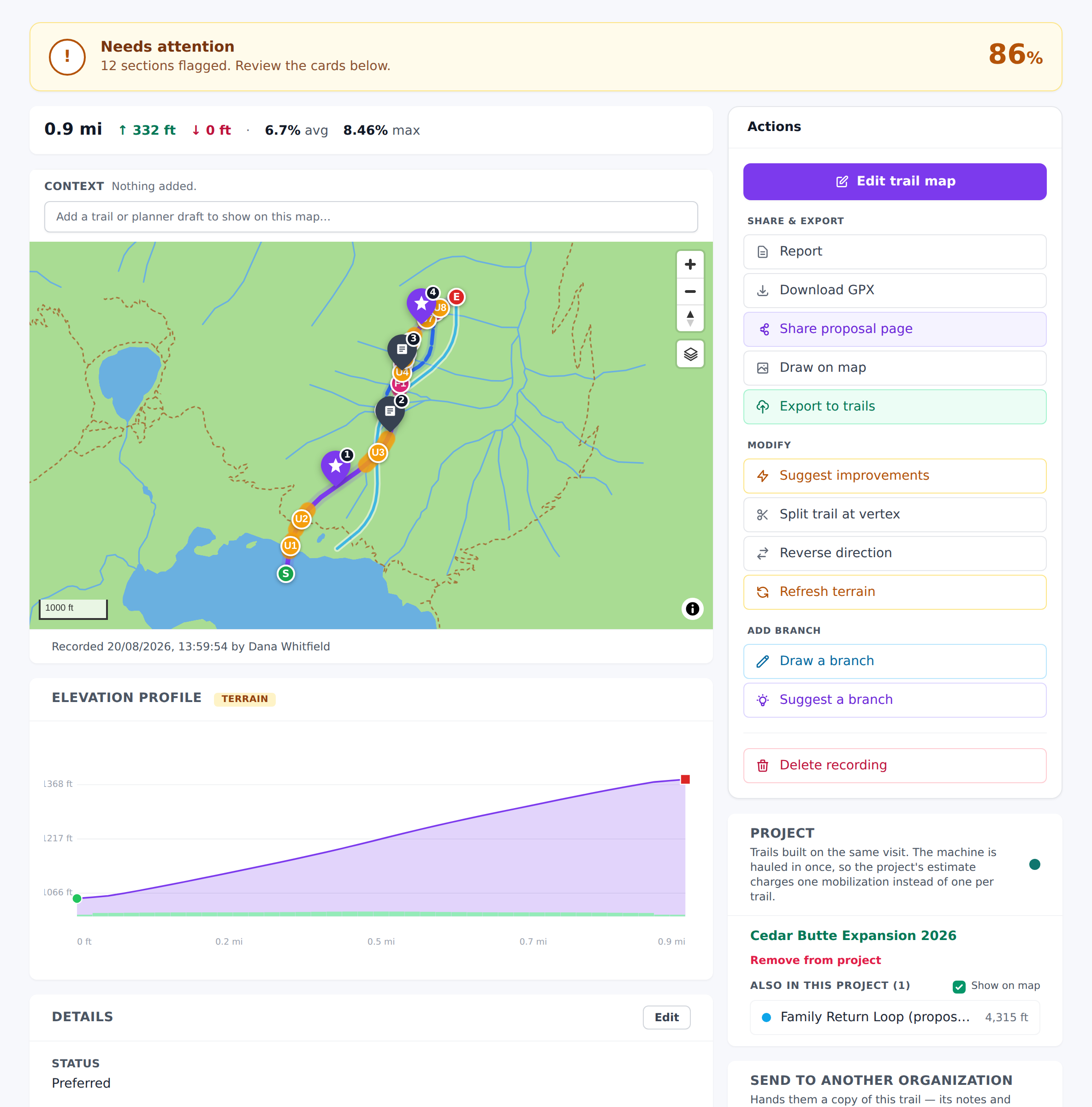 Planner recording detail page with the green Export to trails button visible in the actions row