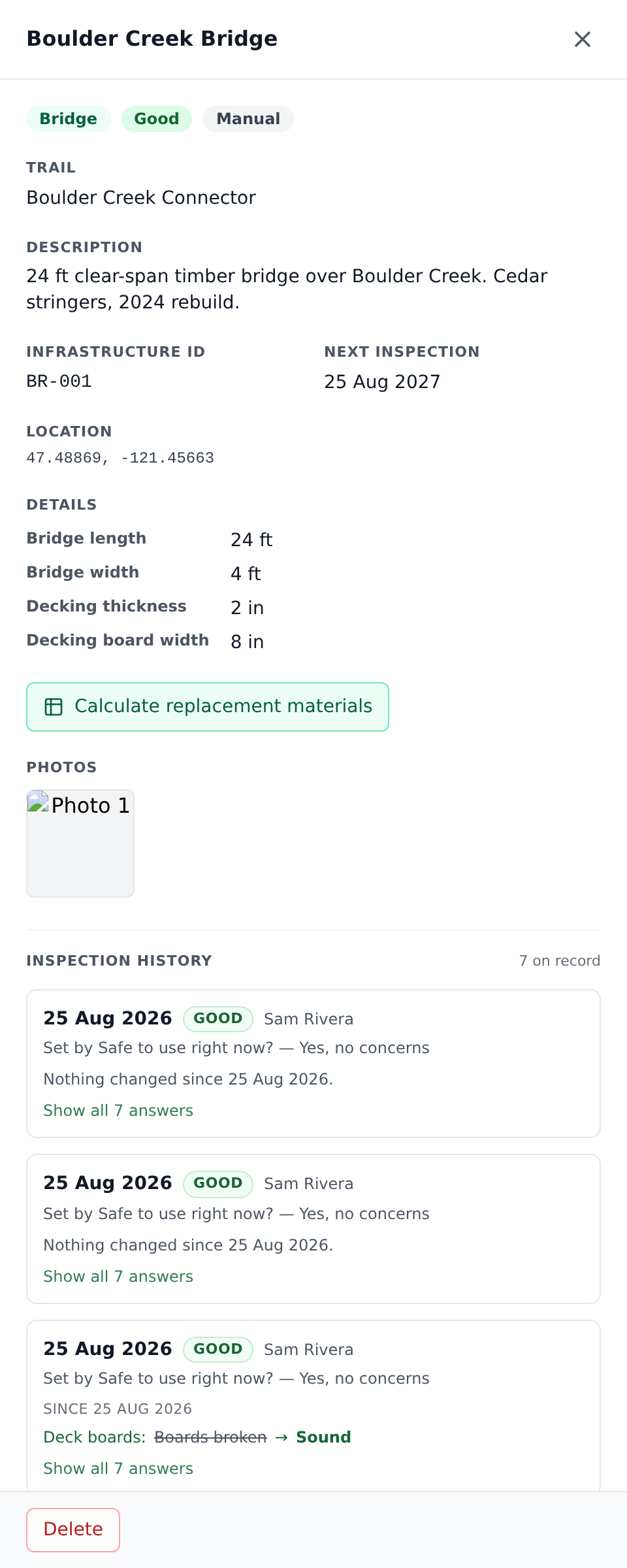 Structure edit slide panel with the Type-attributes section (bridge with dimension fields visible)