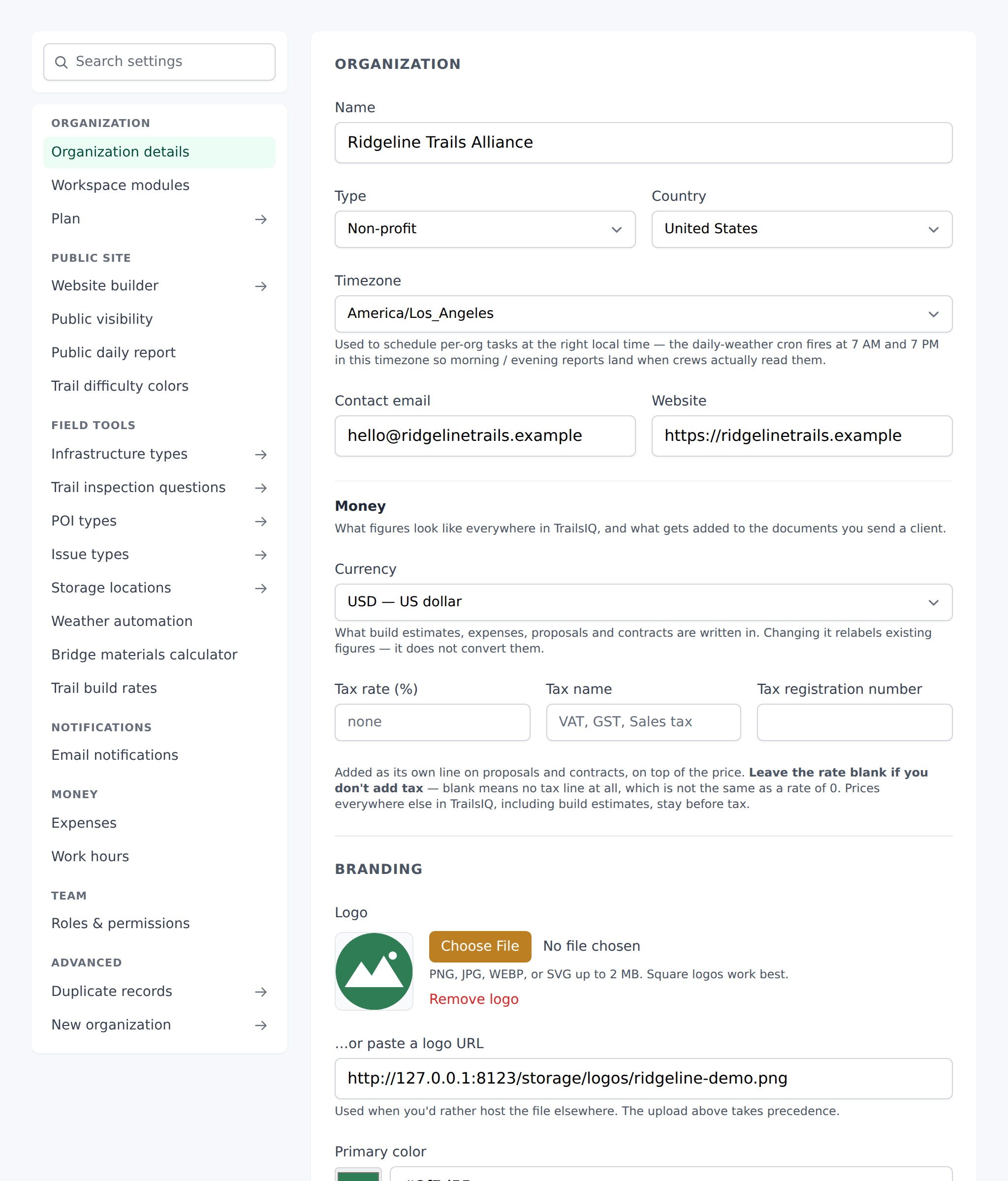 Settings POI types page listing the ten default types with their categories