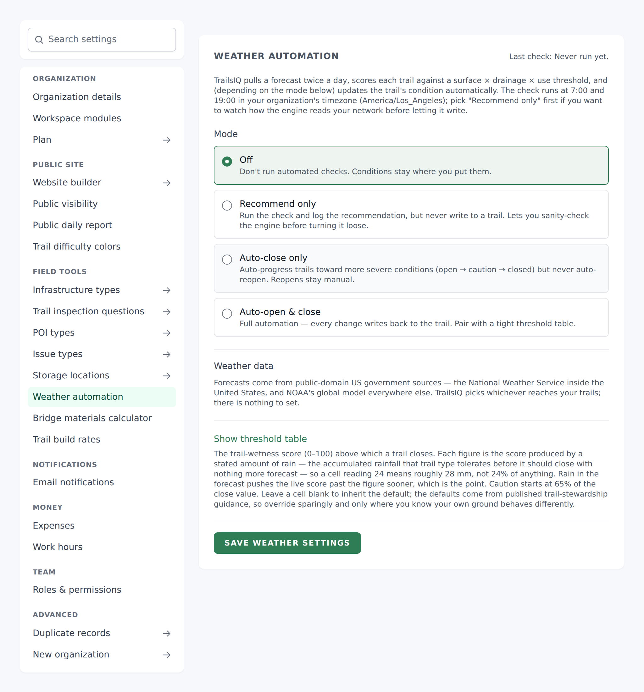 Settings → Weather automation panel with mode radios and close-signal selector