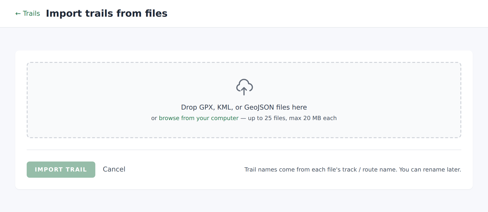 Import page drop zone showing "Drop GPX, KML, or GeoJSON files here"