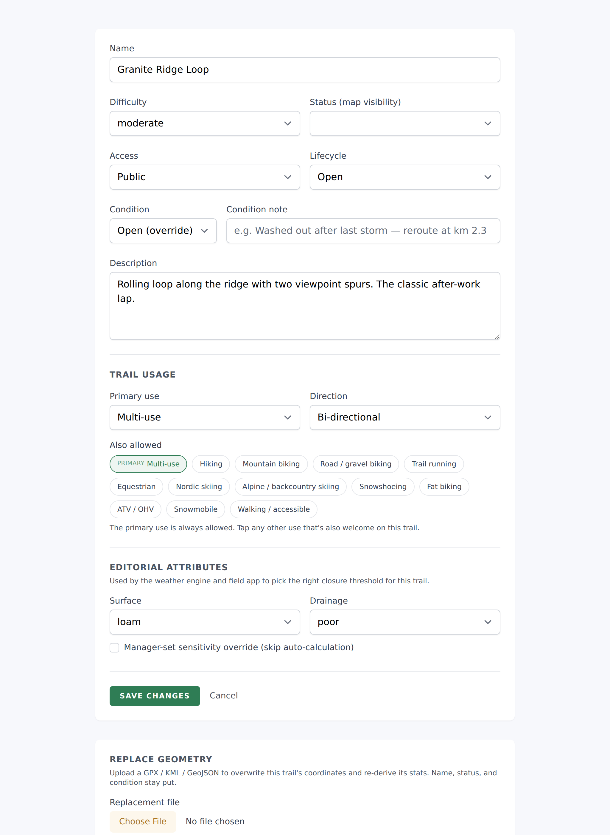 Trail Edit page "Replace geometry" section with the reimport drop zone